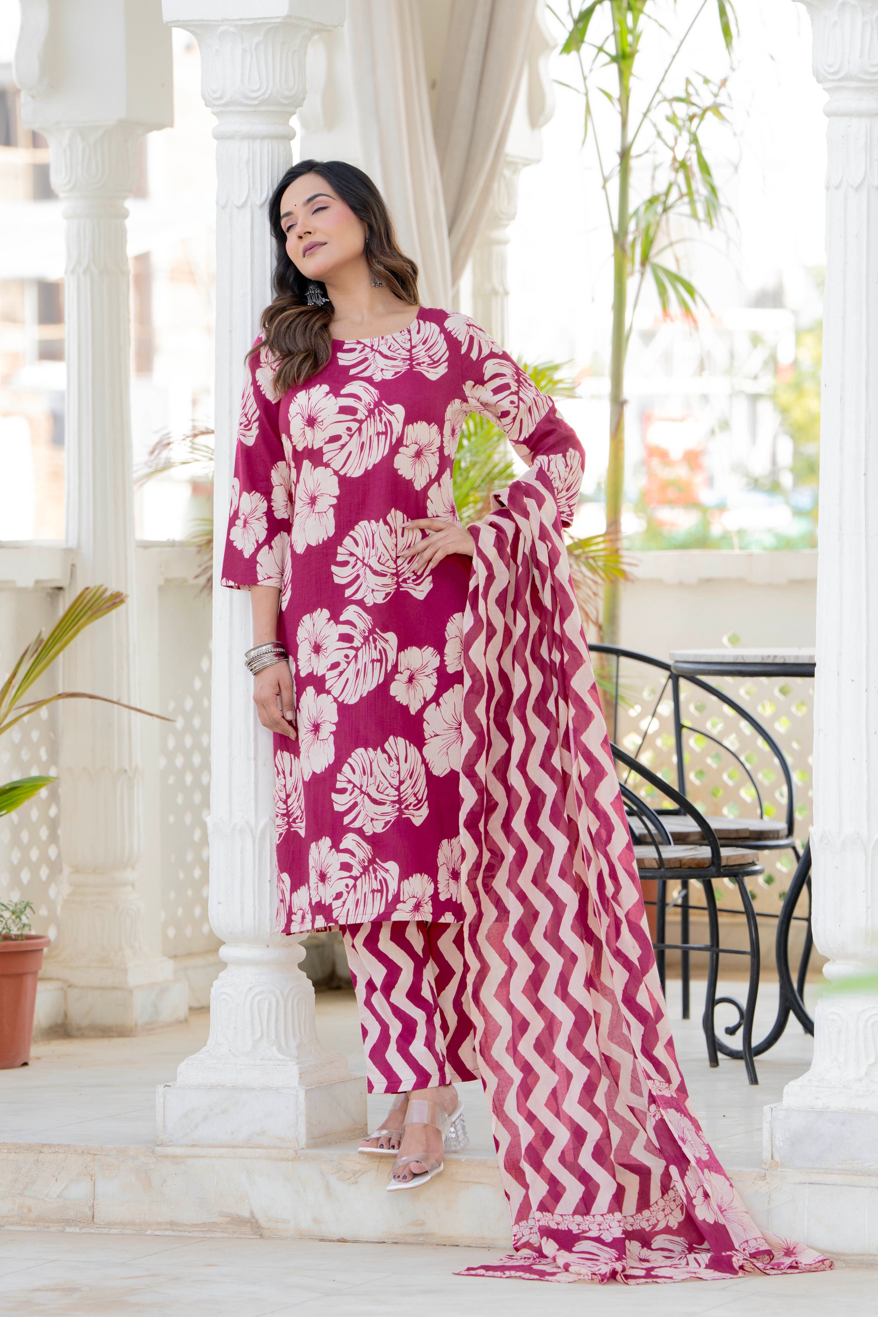 Pink Palm Straight Suit Set