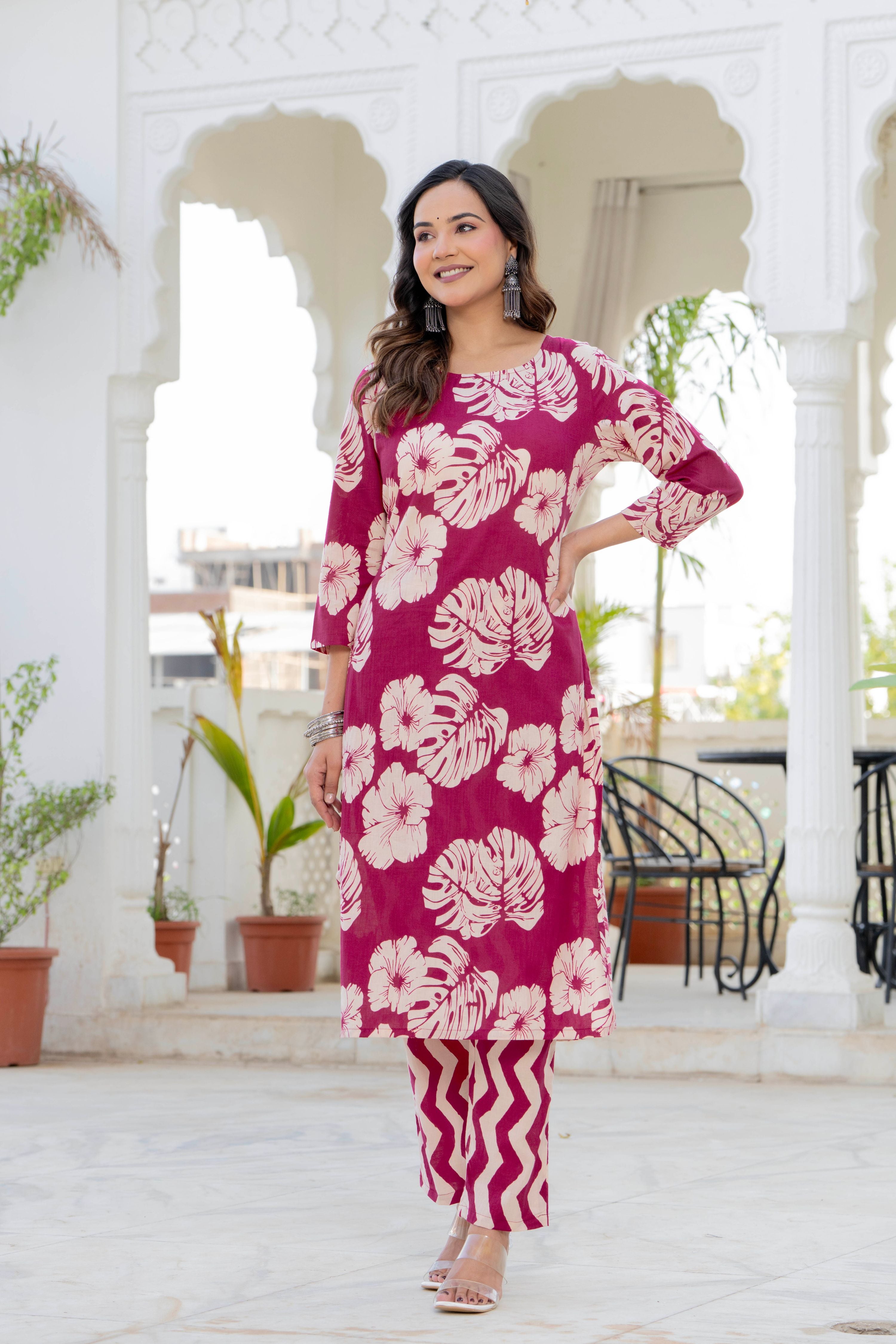 Pink Palm Straight Suit Set