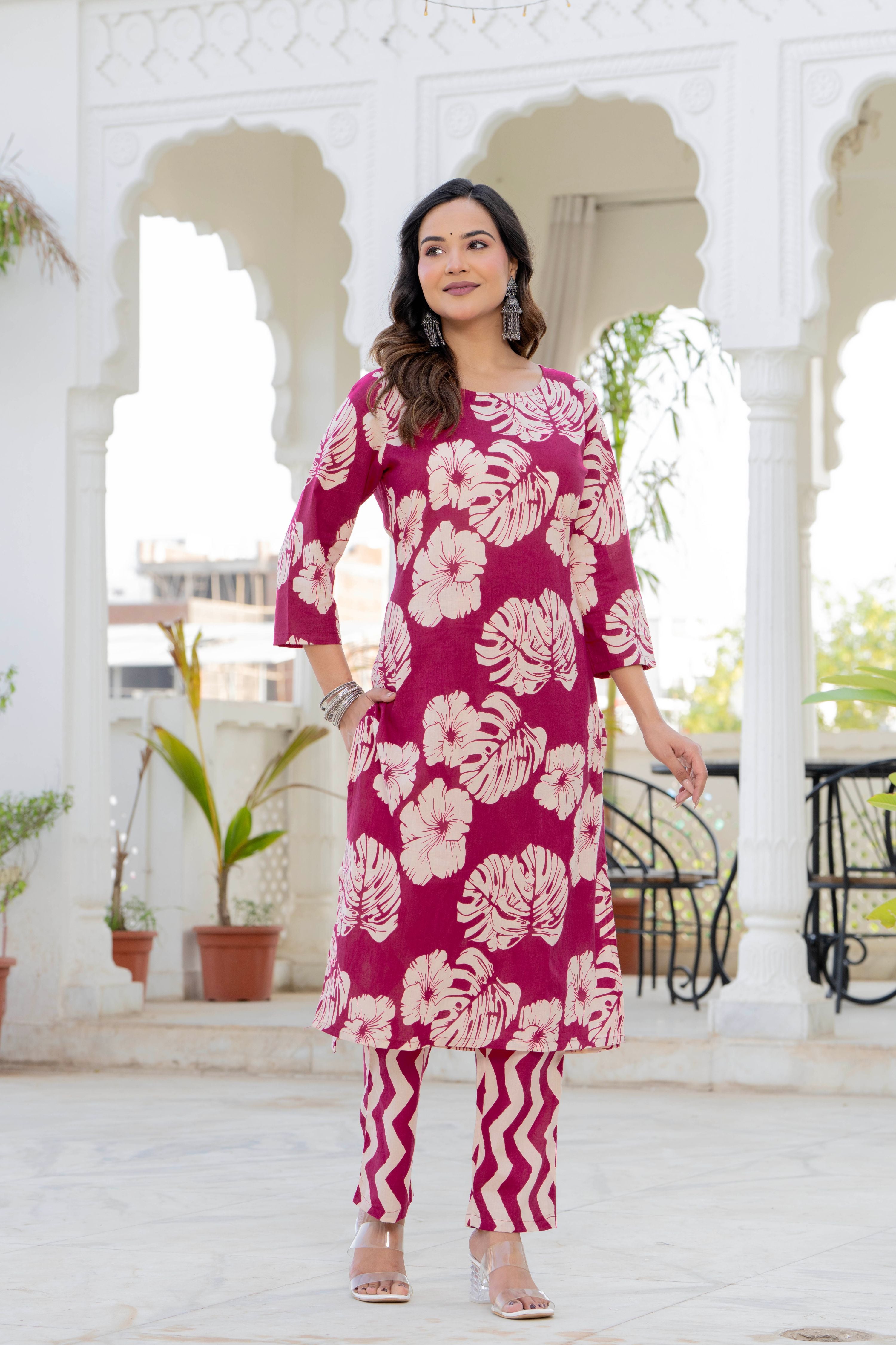 Pink Palm Straight Suit Set