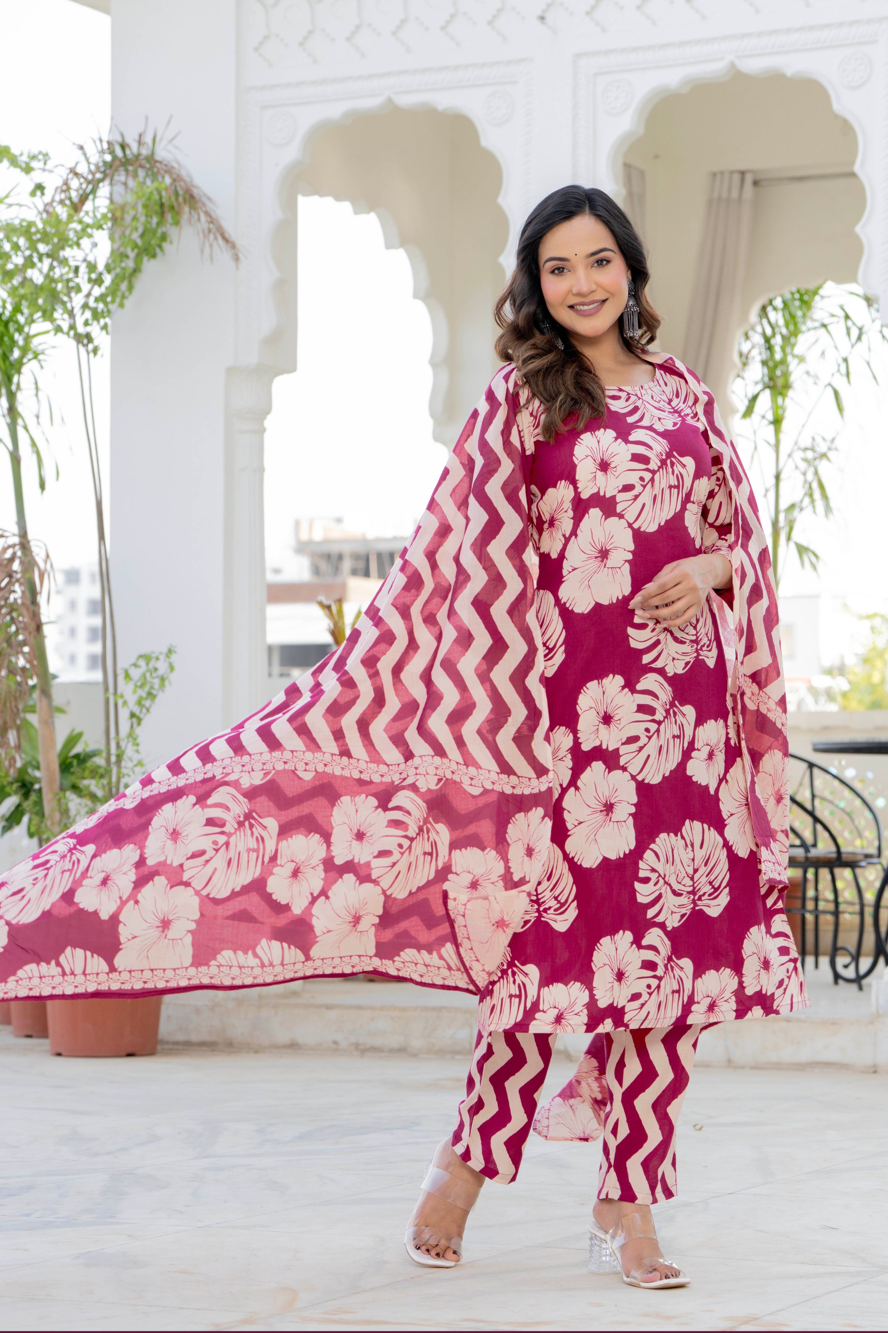 Pink Palm Straight Suit Set
