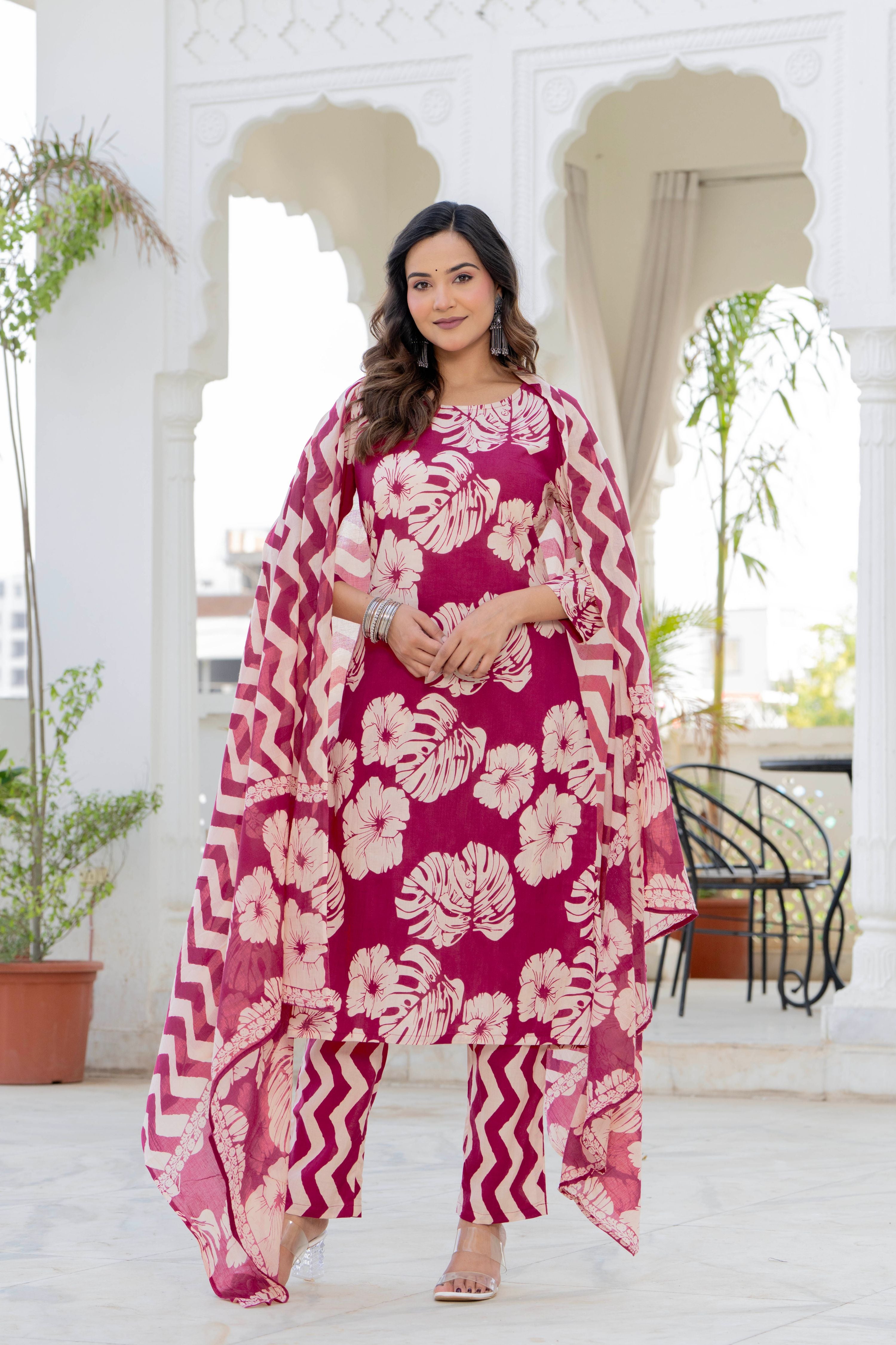 Pink Palm Straight Suit Set