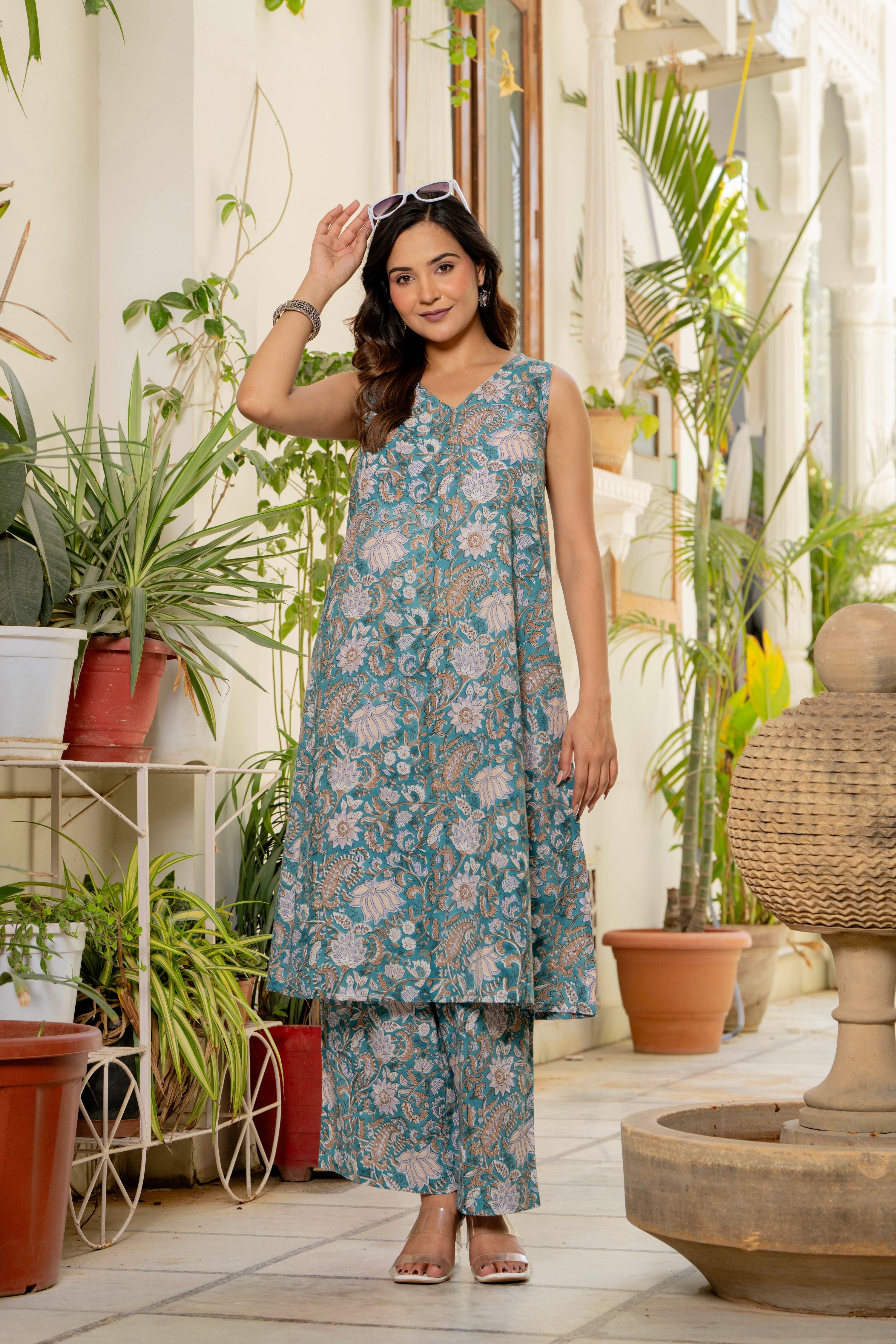 Neel Handblock Sleeveless Kurta Palazzo Set