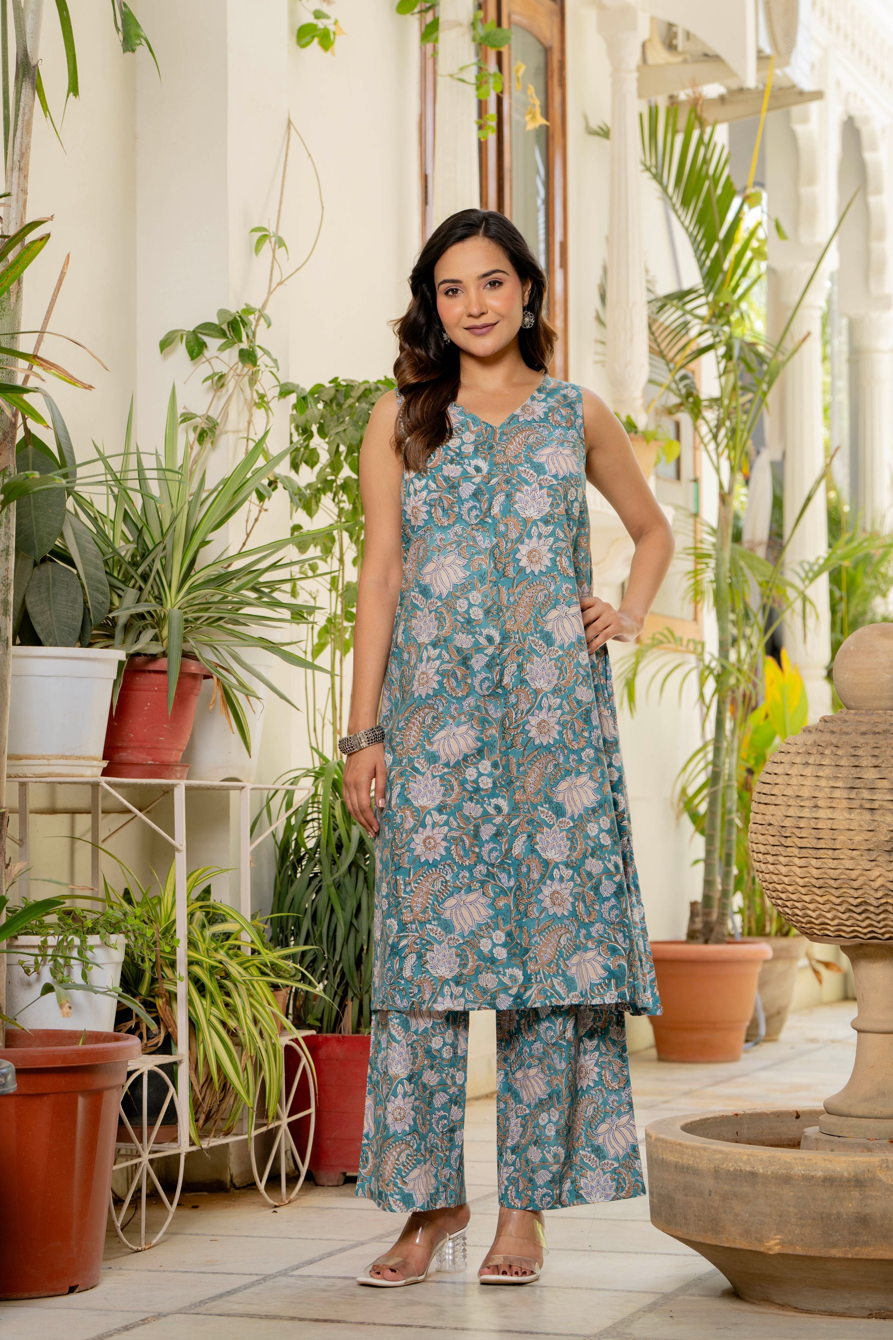 Neel Handblock Sleeveless Kurta Palazzo Set