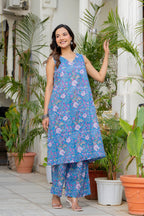 Blue Daisy Handblock Sleeveless Kurta Palazzo Set