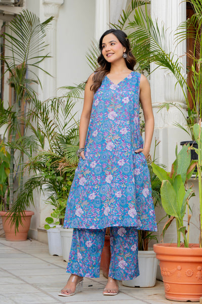 Blue Daisy Handblock Sleeveless Kurta Palazzo Set