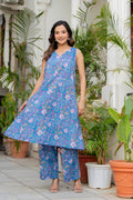 Blue Daisy Handblock Sleeveless Kurta Palazzo Set