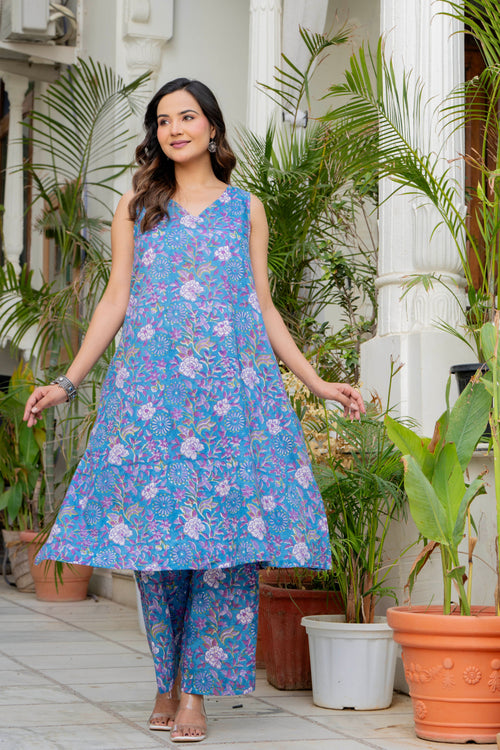Blue Daisy Handblock Sleeveless Kurta Palazzo Set