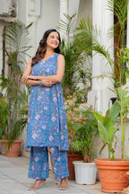 Blue Daisy Handblock Sleeveless Kurta Palazzo Set