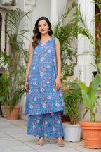 Blue Daisy Handblock Sleeveless Kurta Palazzo Set