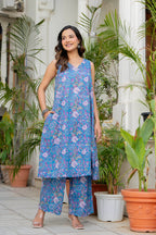 Blue Daisy Handblock Sleeveless Kurta Palazzo Set