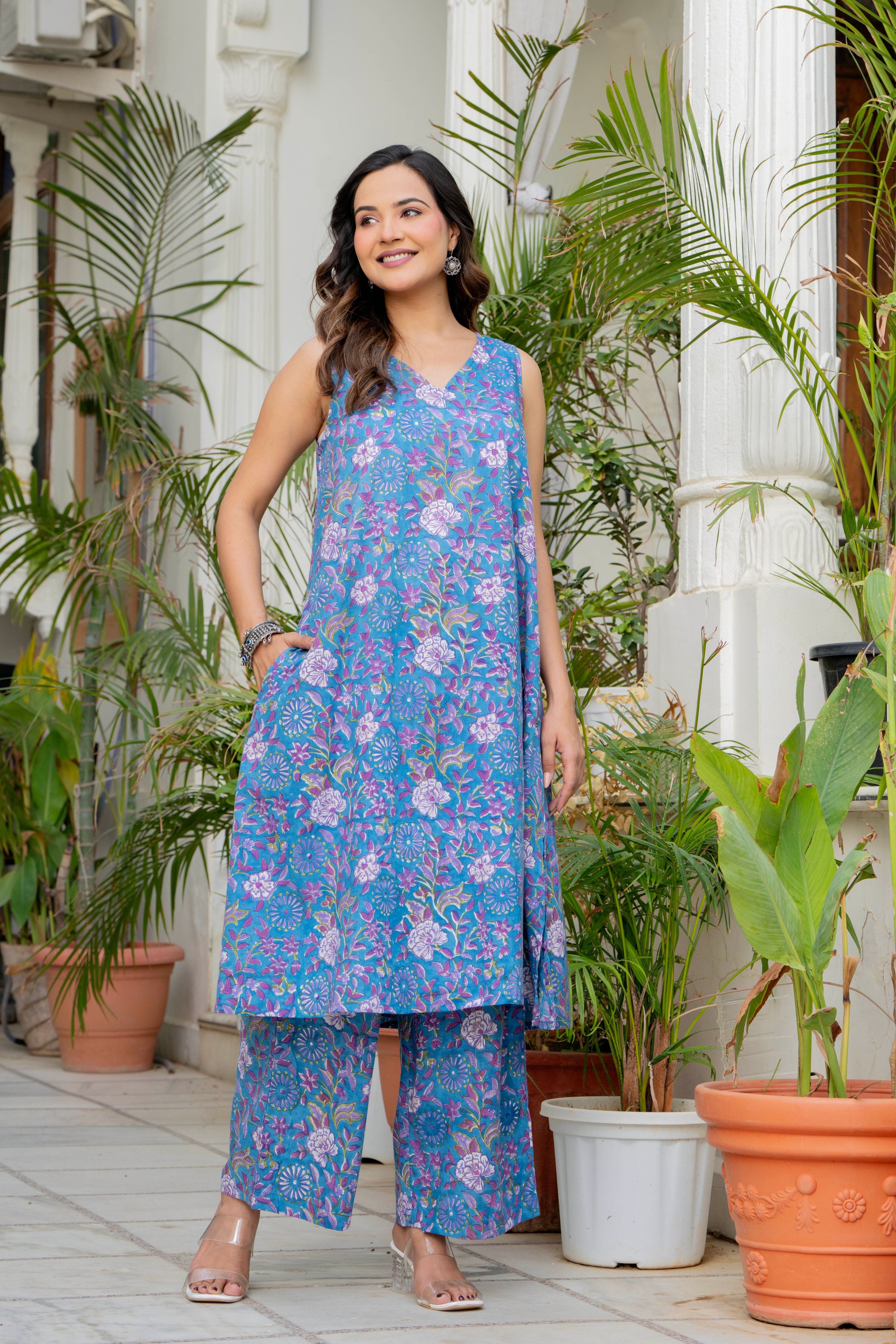 Blue Daisy Handblock Sleeveless Kurta Palazzo Set