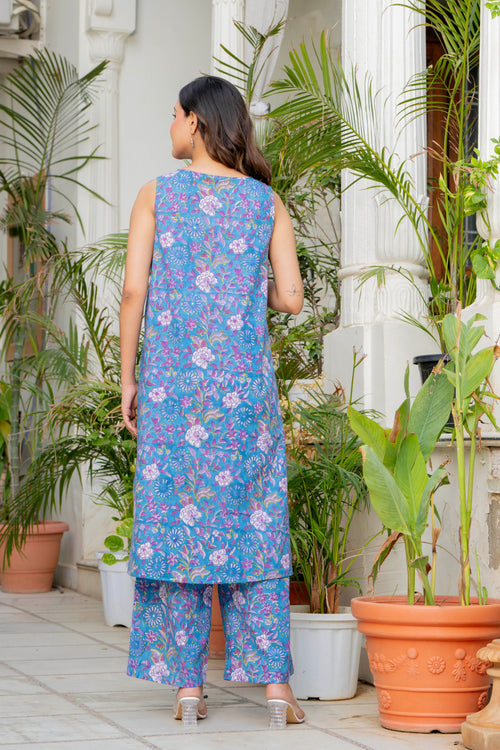 Blue Daisy Handblock Sleeveless Kurta Palazzo Set