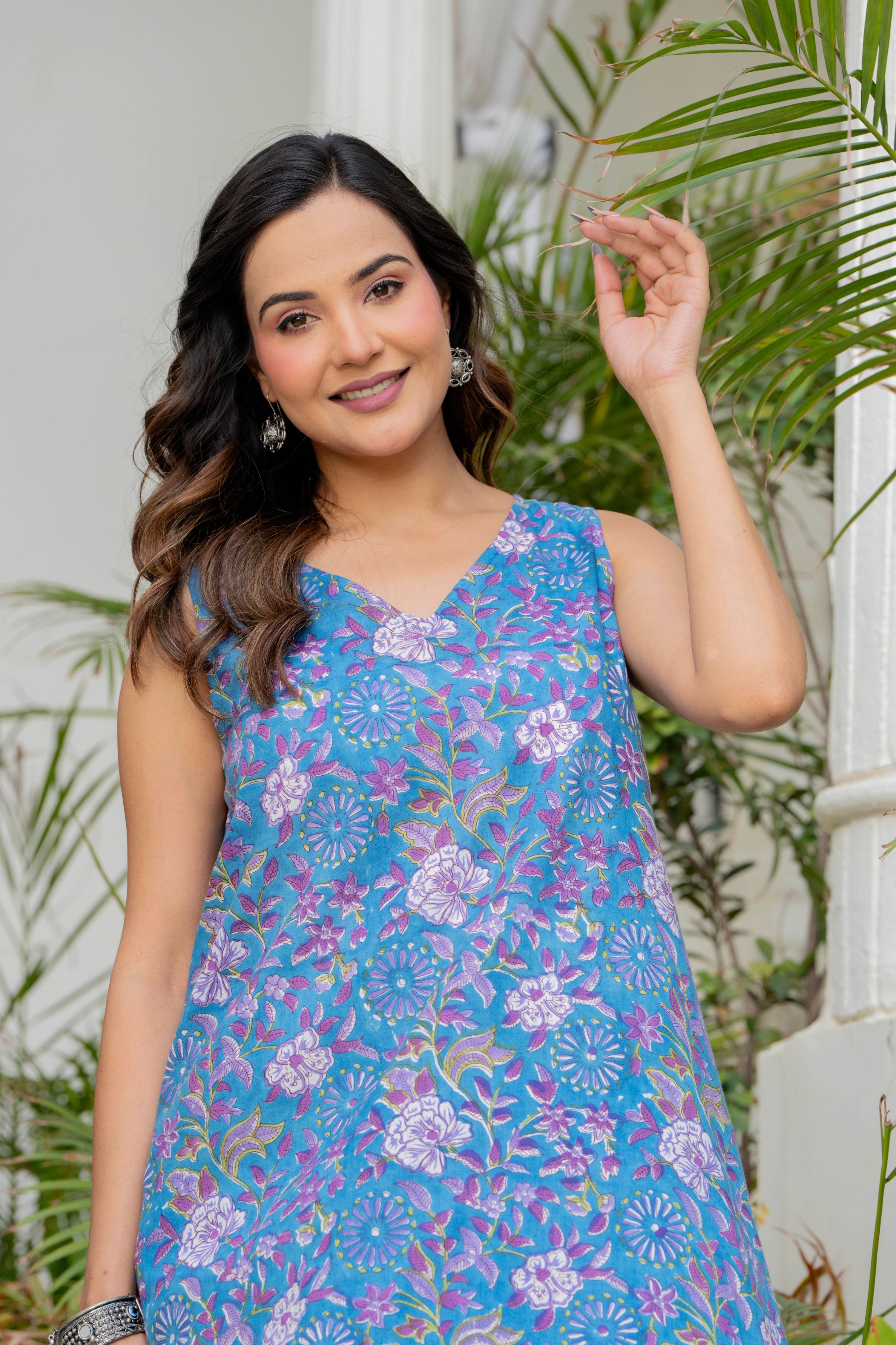 Blue Daisy Handblock Sleeveless Kurta Palazzo Set