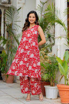 Red Ruby Handblock Sleeveless Kurta Palazzo Set