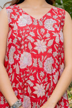 Red Ruby Handblock Sleeveless Kurta Palazzo Set