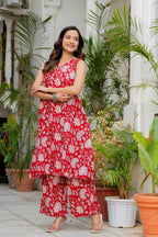 Red Ruby Handblock Sleeveless Kurta Palazzo Set