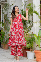 Red Ruby Handblock Sleeveless Kurta Palazzo Set