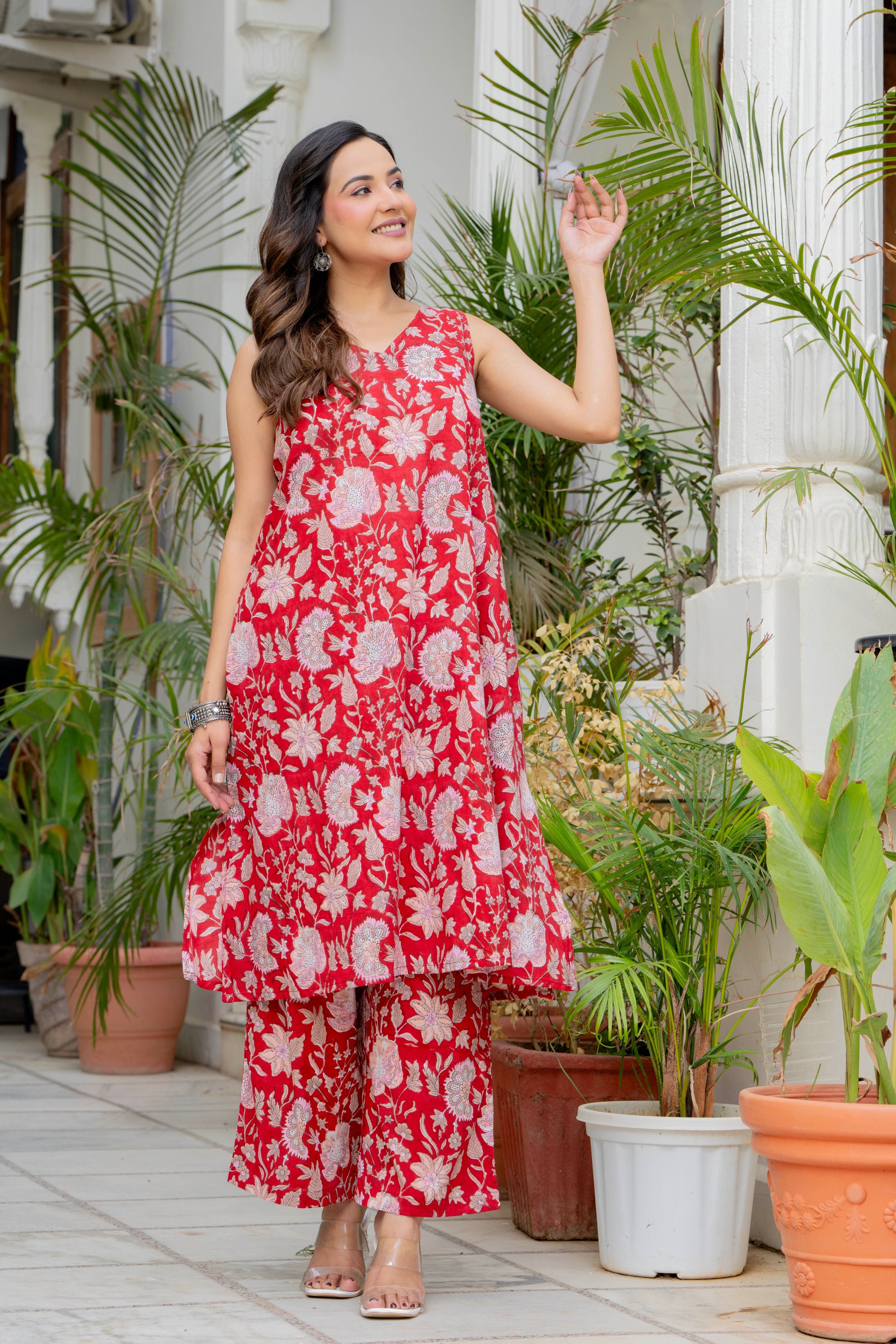 Red Ruby Handblock Sleeveless Kurta Palazzo Set
