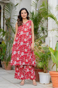 Red Ruby Handblock Sleeveless Kurta Palazzo Set