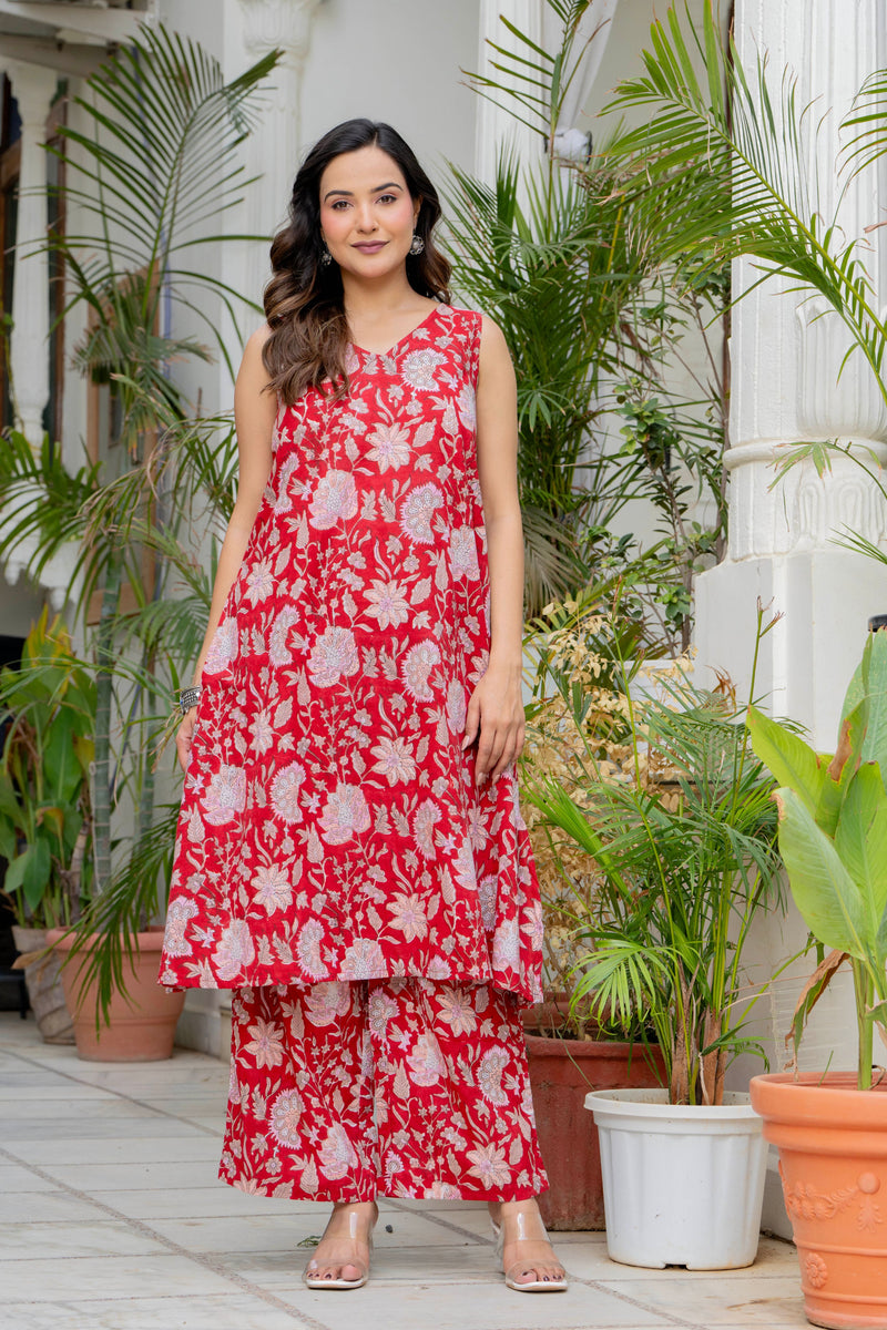 Red Ruby Handblock Sleeveless Kurta Palazzo Set