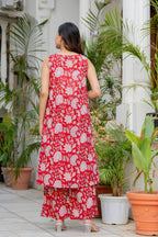 Red Ruby Handblock Sleeveless Kurta Palazzo Set