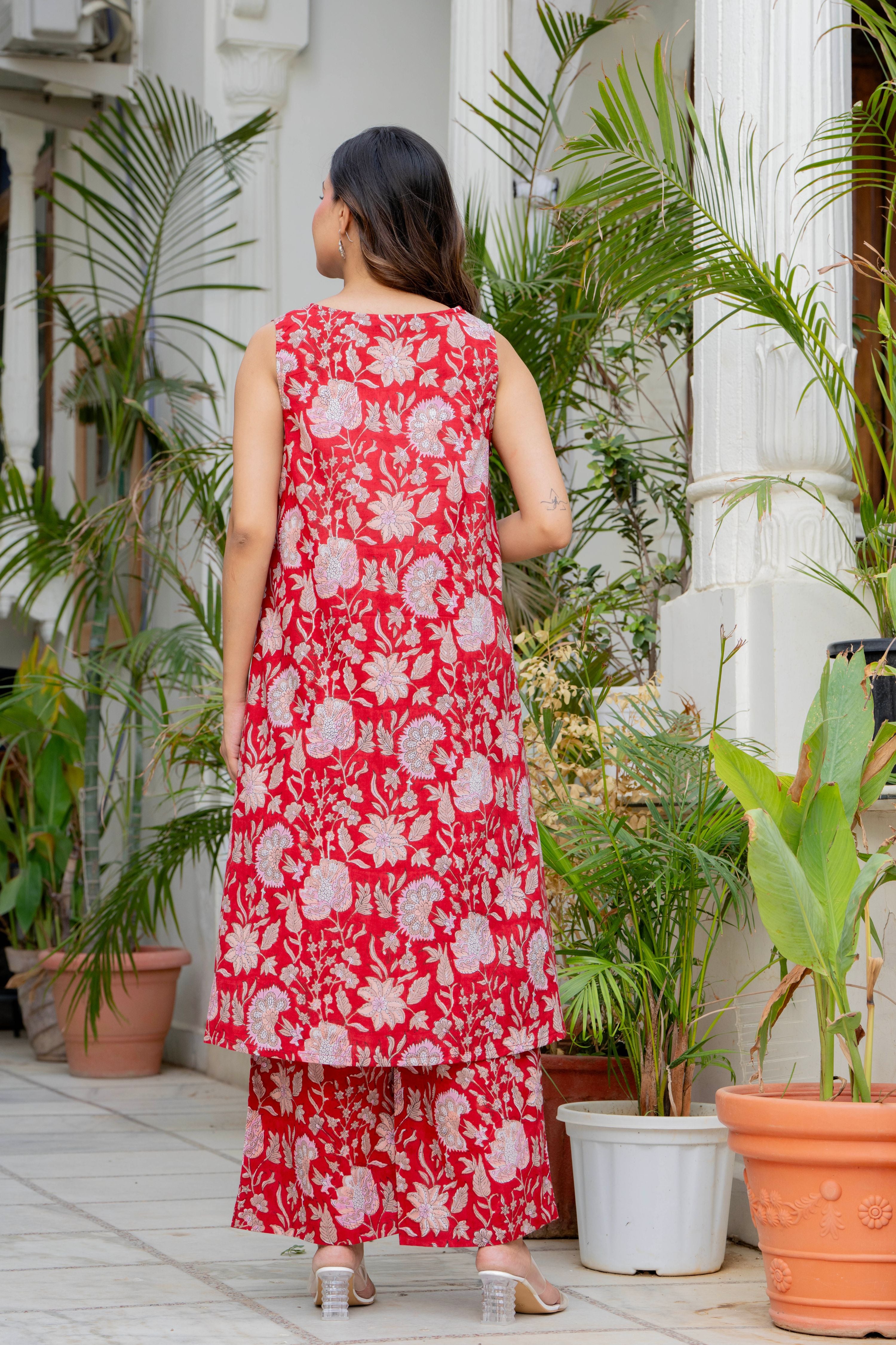 Red Ruby Handblock Sleeveless Kurta Palazzo Set
