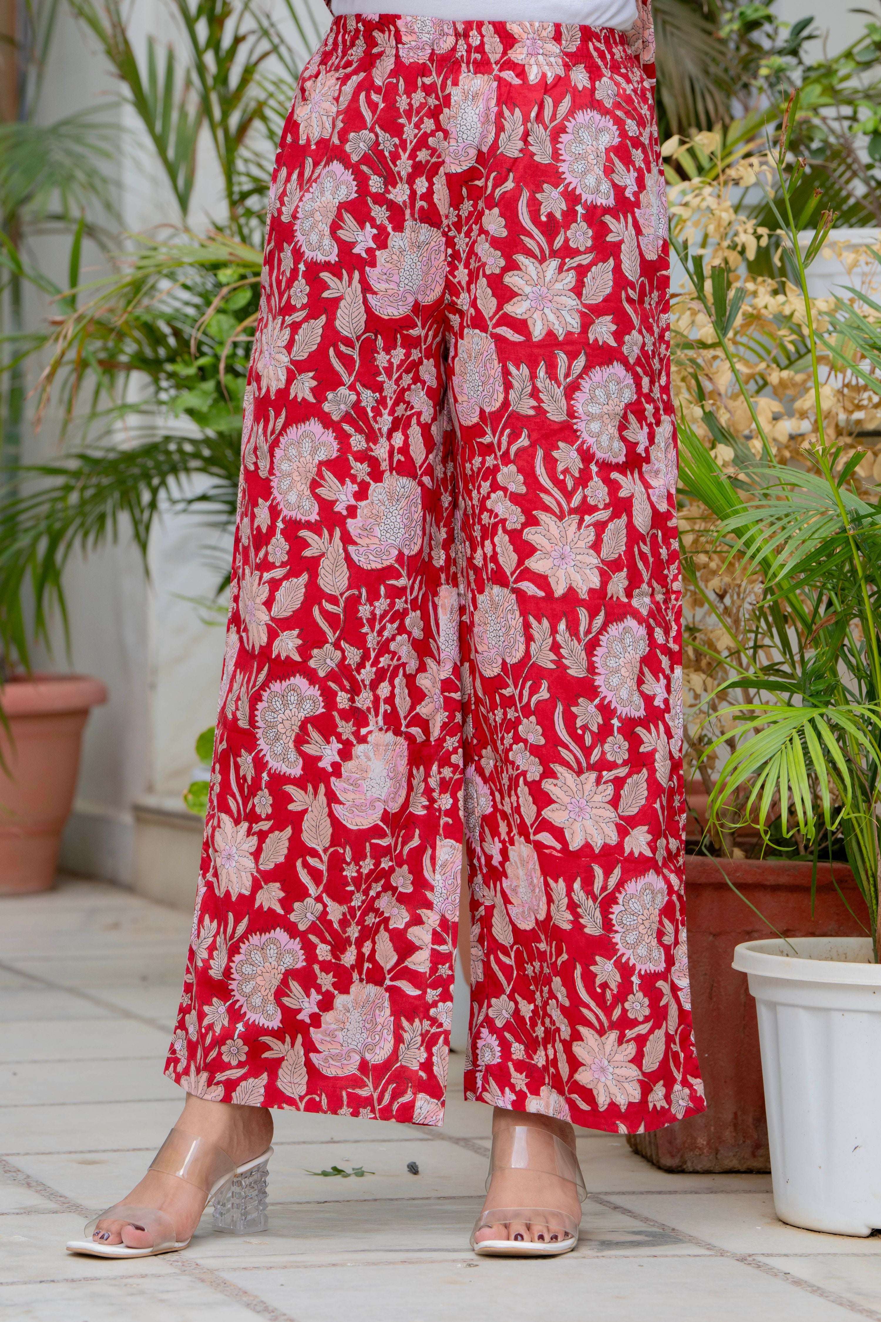 Red Ruby Handblock Sleeveless Kurta Palazzo Set