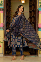 Blue Ajrakh Jumka Straight Suit Set