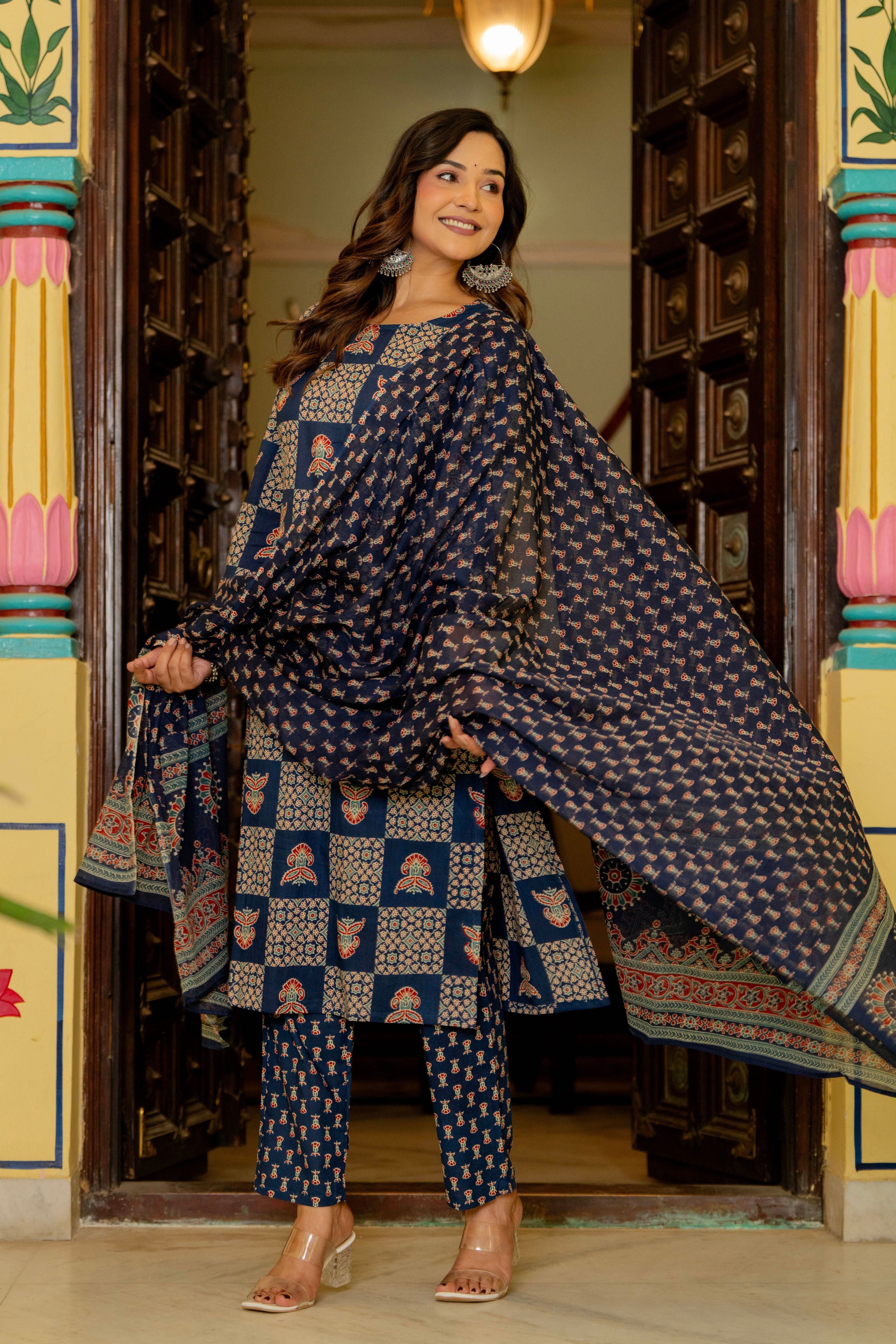 Blue Ajrakh Jumka Straight Suit Set