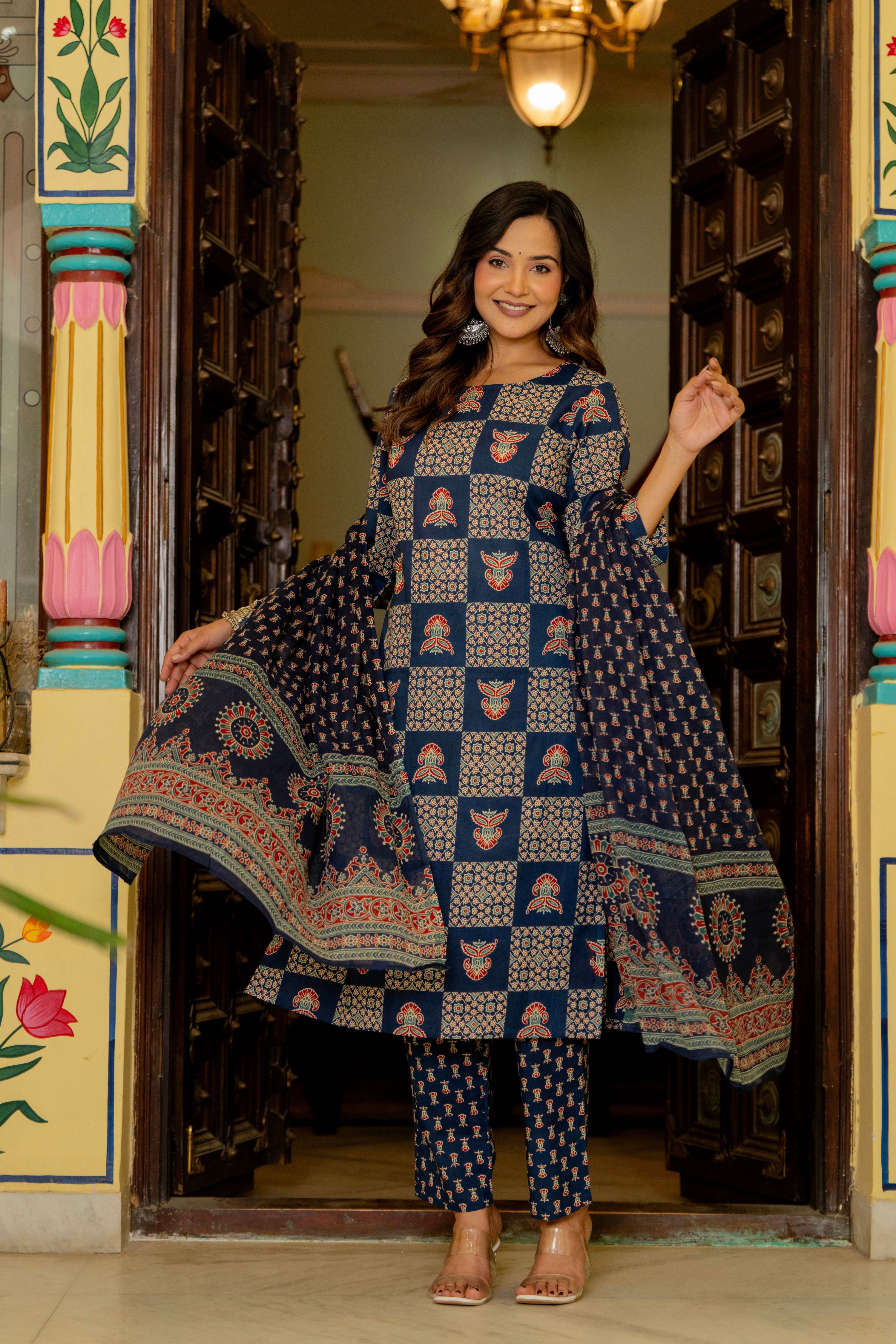 Blue Ajrakh Jumka Straight Suit Set