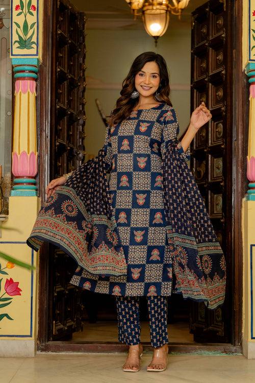 Blue Ajrakh Jumka Straight Suit Set