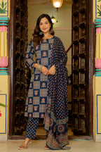 Blue Ajrakh Jumka Straight Suit Set