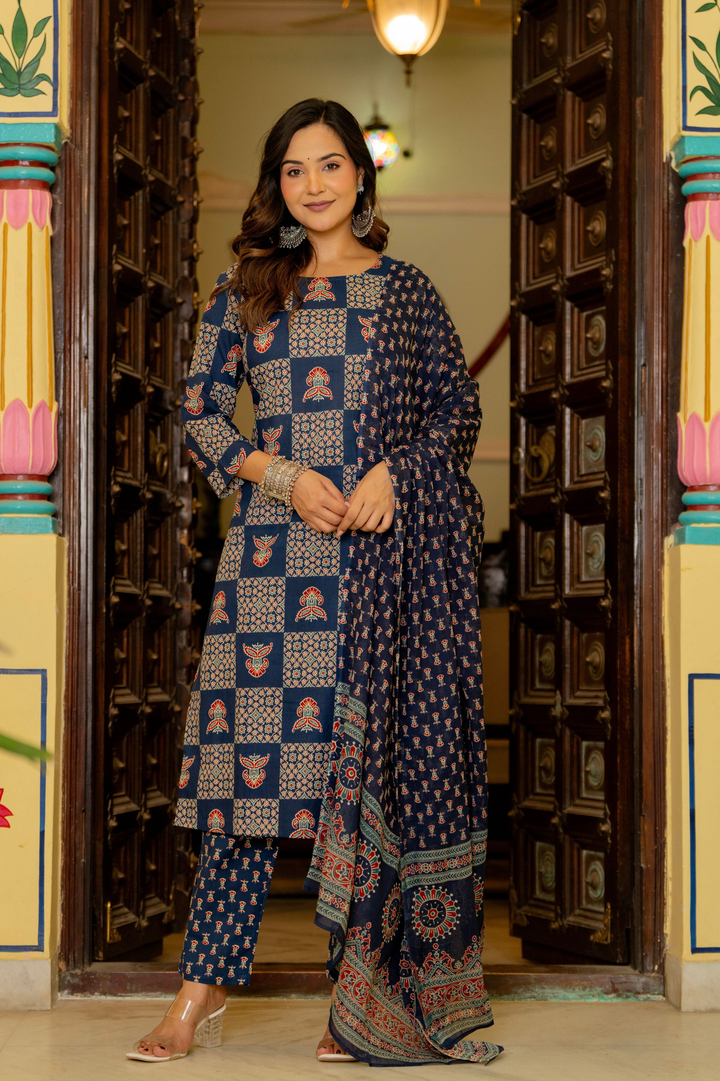 Blue Ajrakh Jumka Straight Suit Set