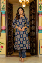 Blue Ajrakh Jumka Straight Suit Set