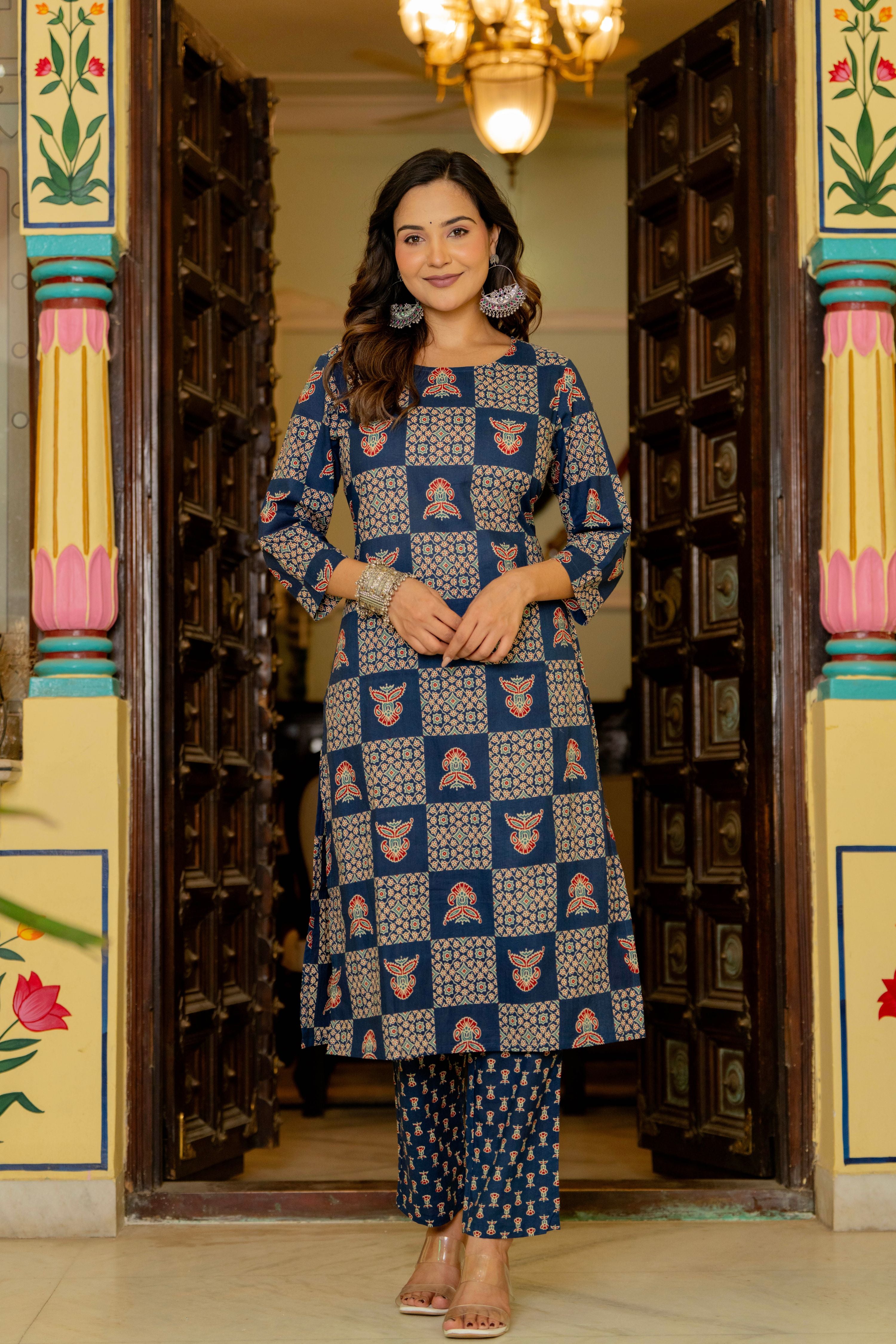 Blue Ajrakh Jumka Straight Suit Set