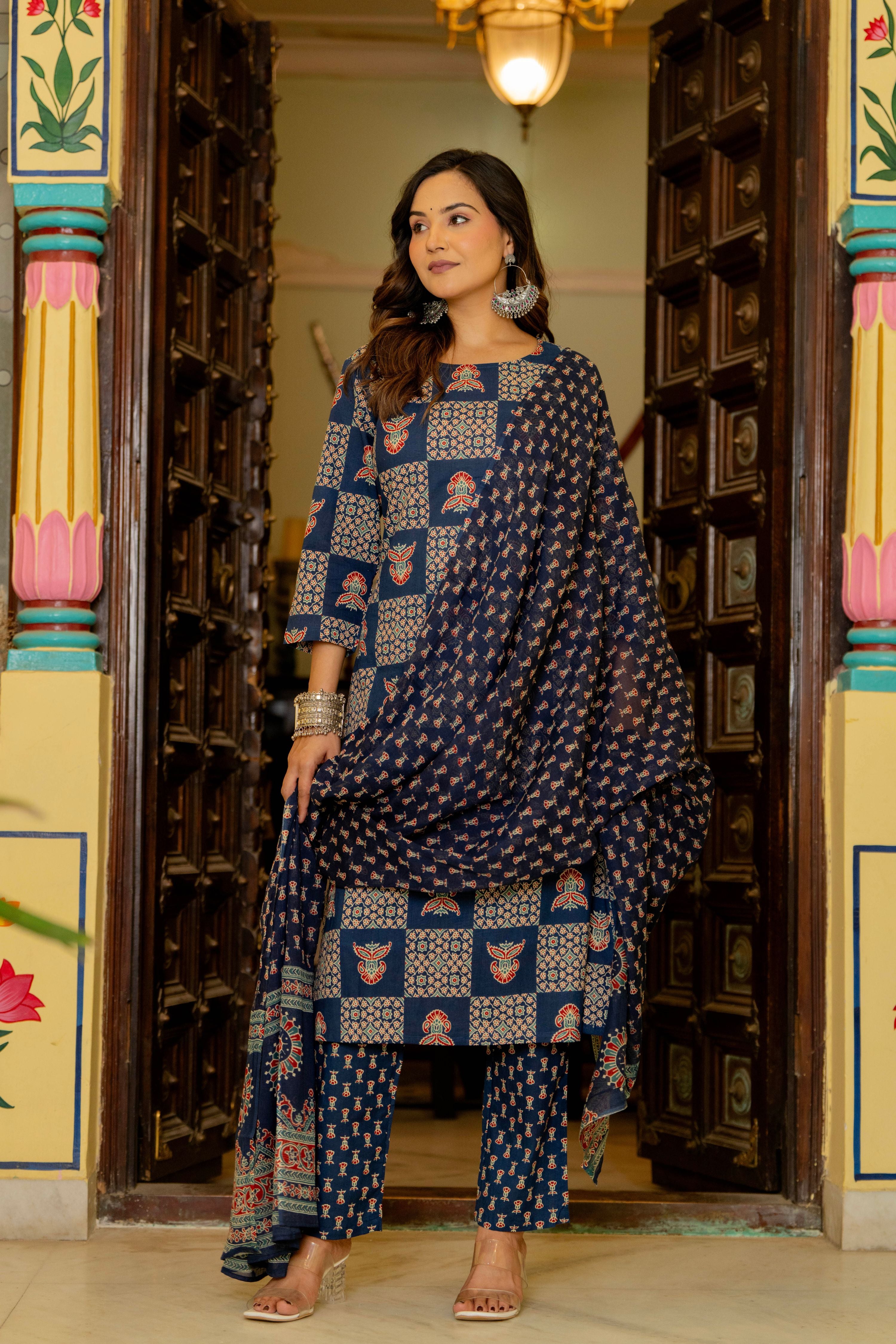 Blue Ajrakh Jumka Straight Suit Set