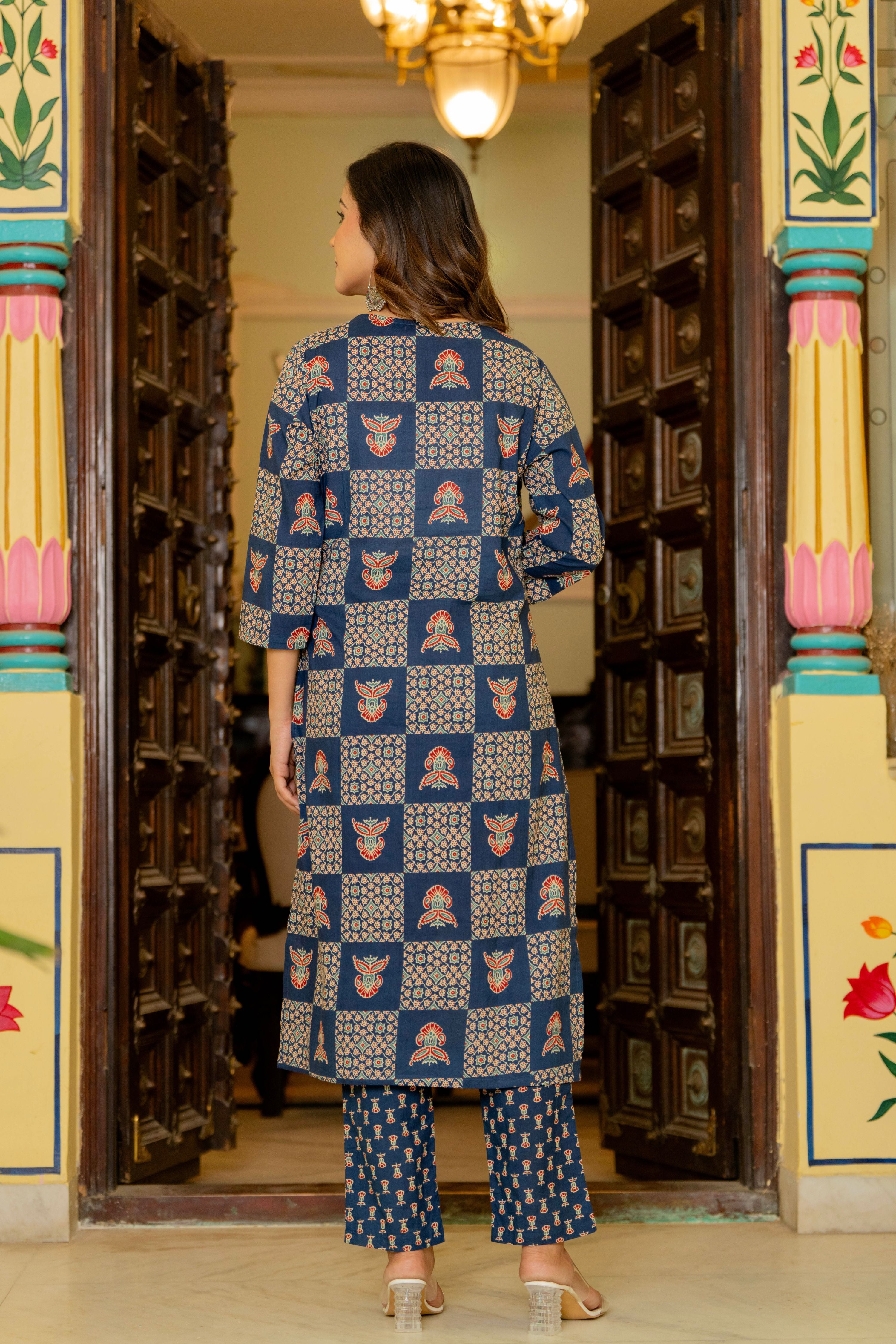 Blue Ajrakh Jumka Straight Suit Set