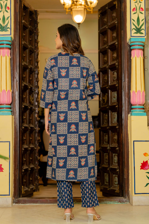Blue Ajrakh Jumka Straight Suit Set