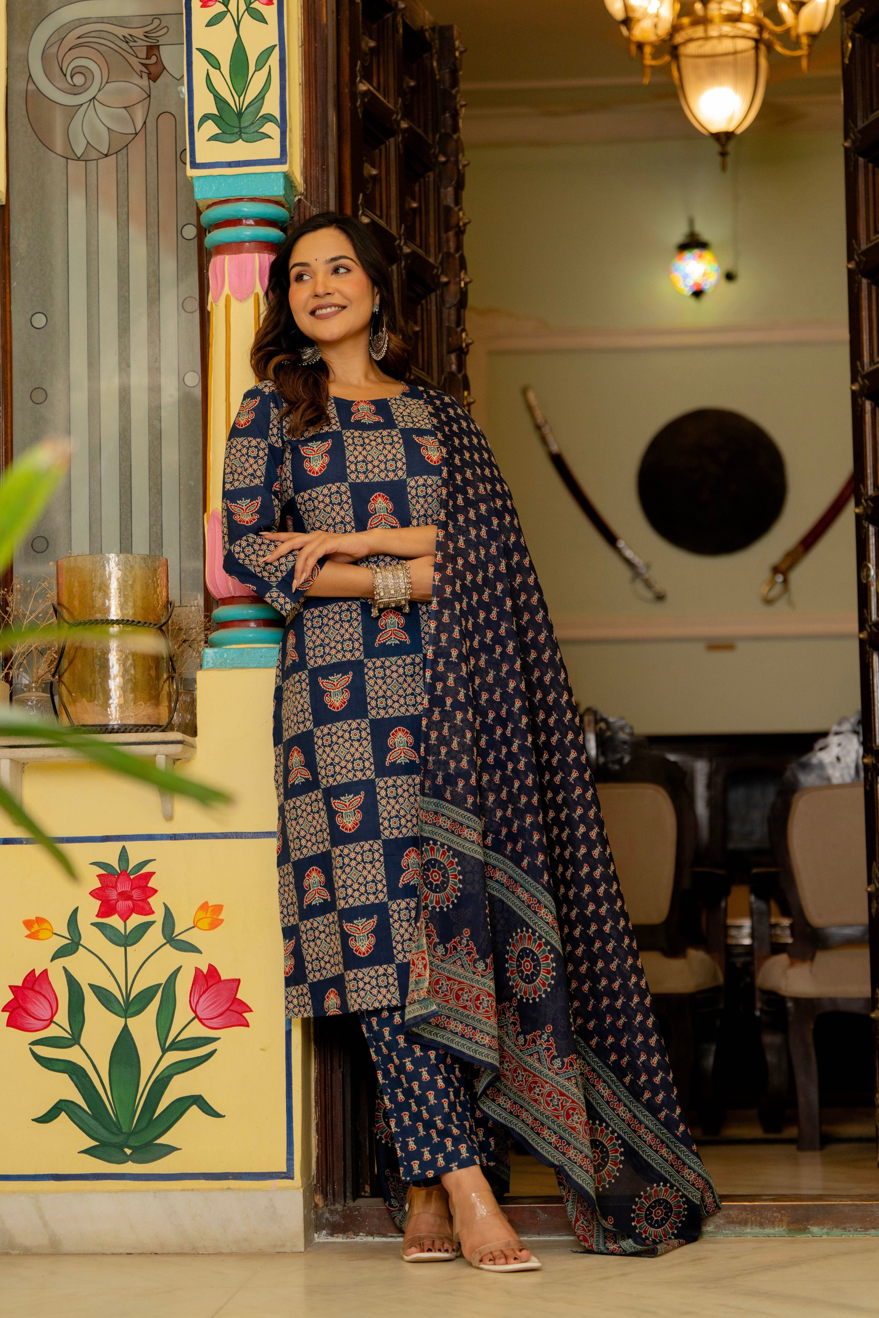 Blue Ajrakh Jumka Straight Suit Set