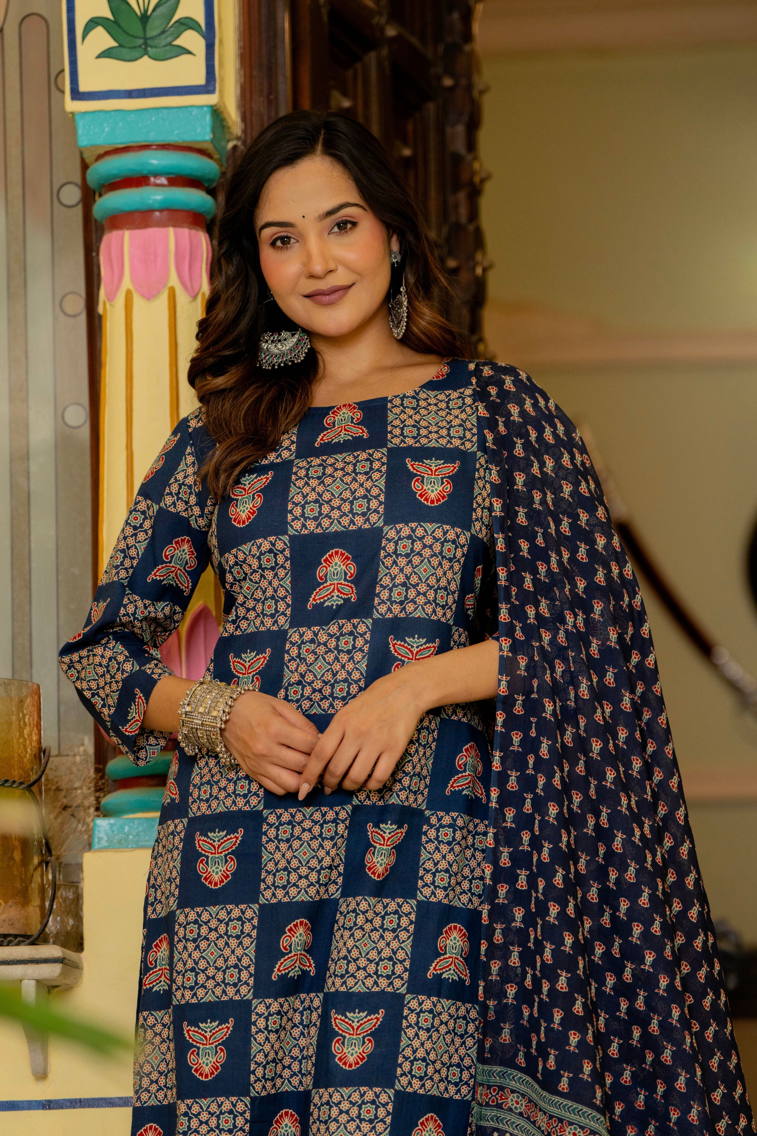 Blue Ajrakh Jumka Straight Suit Set