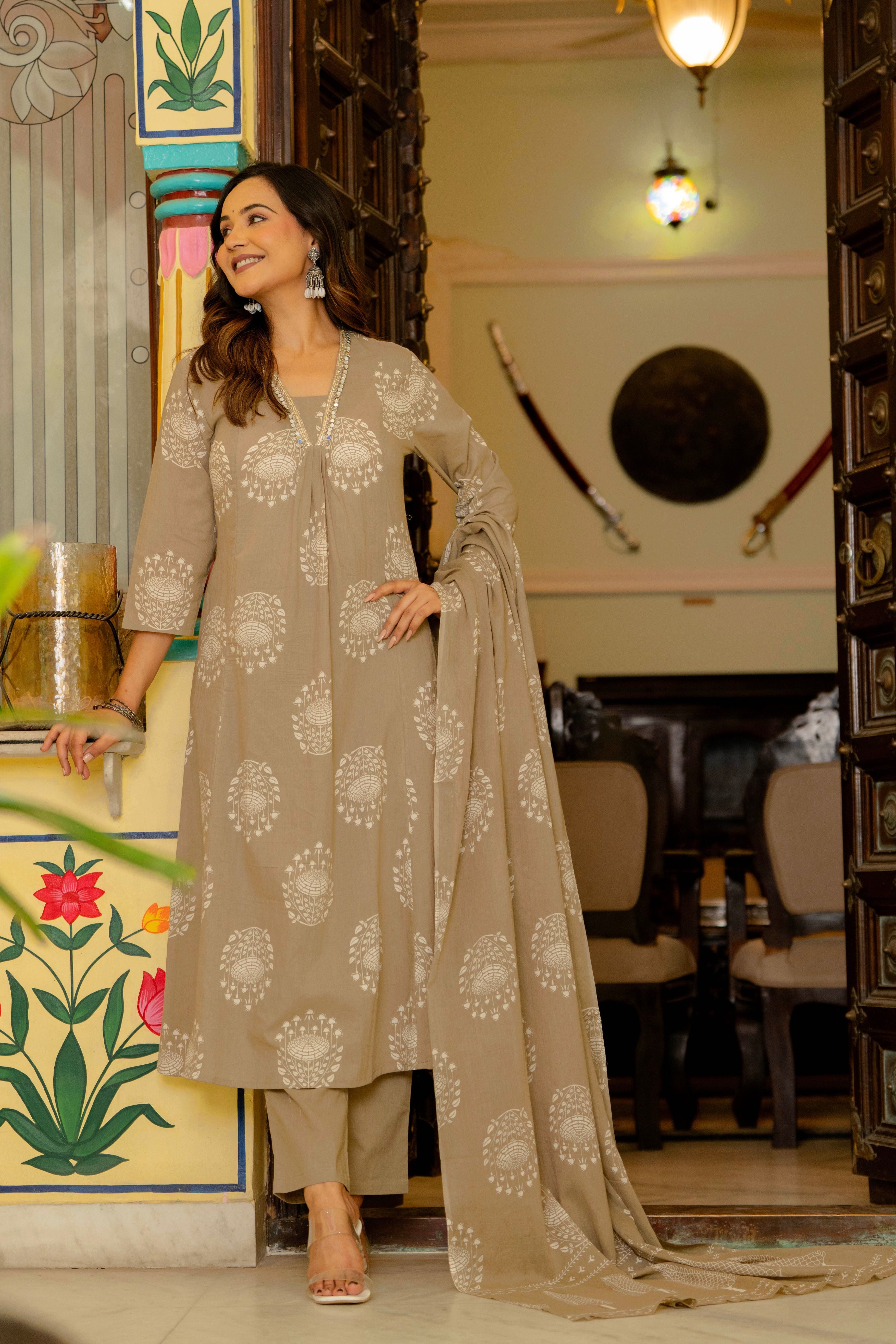 Pearl Dusty Beige Anarkali Suit Set