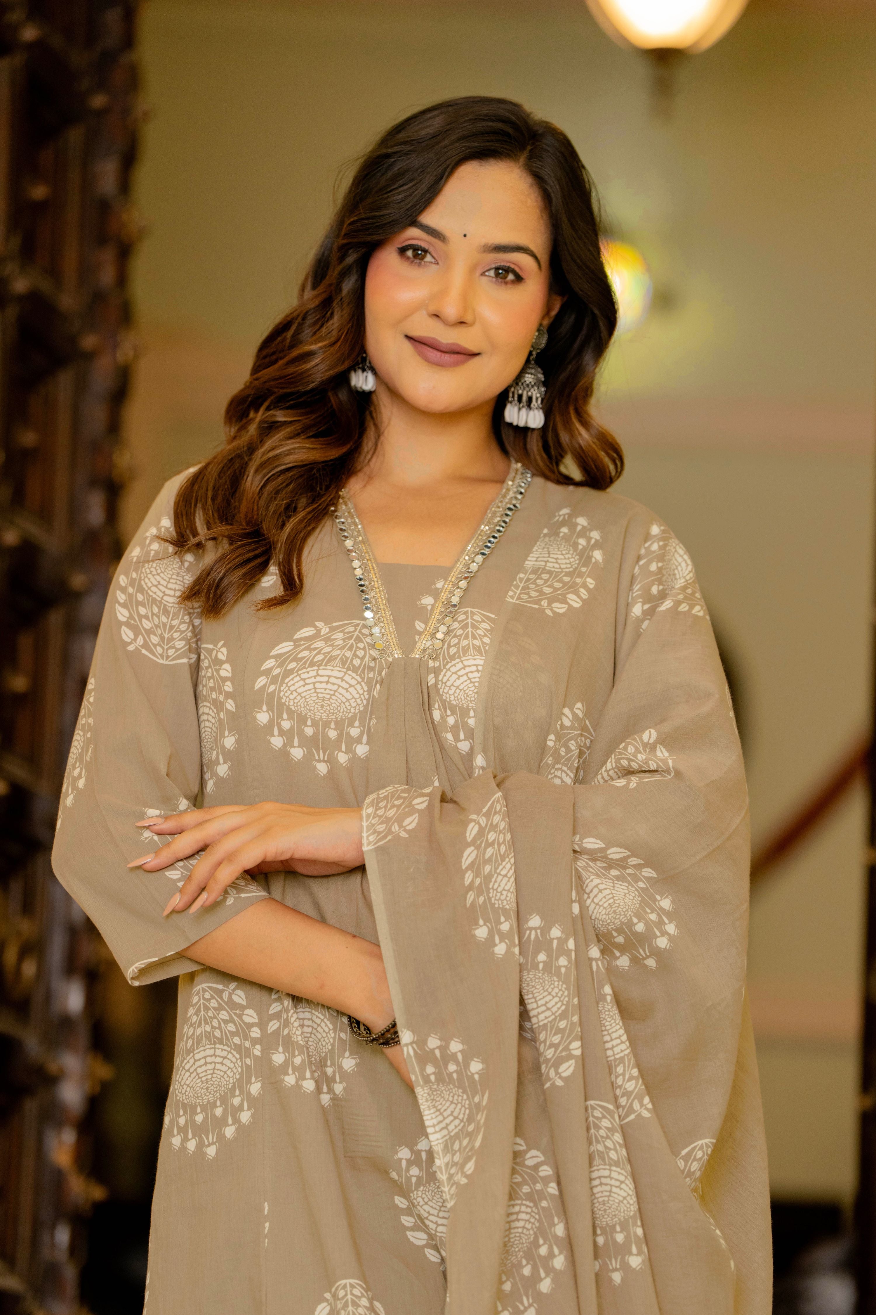Pearl Dusty Beige Anarkali Suit Set