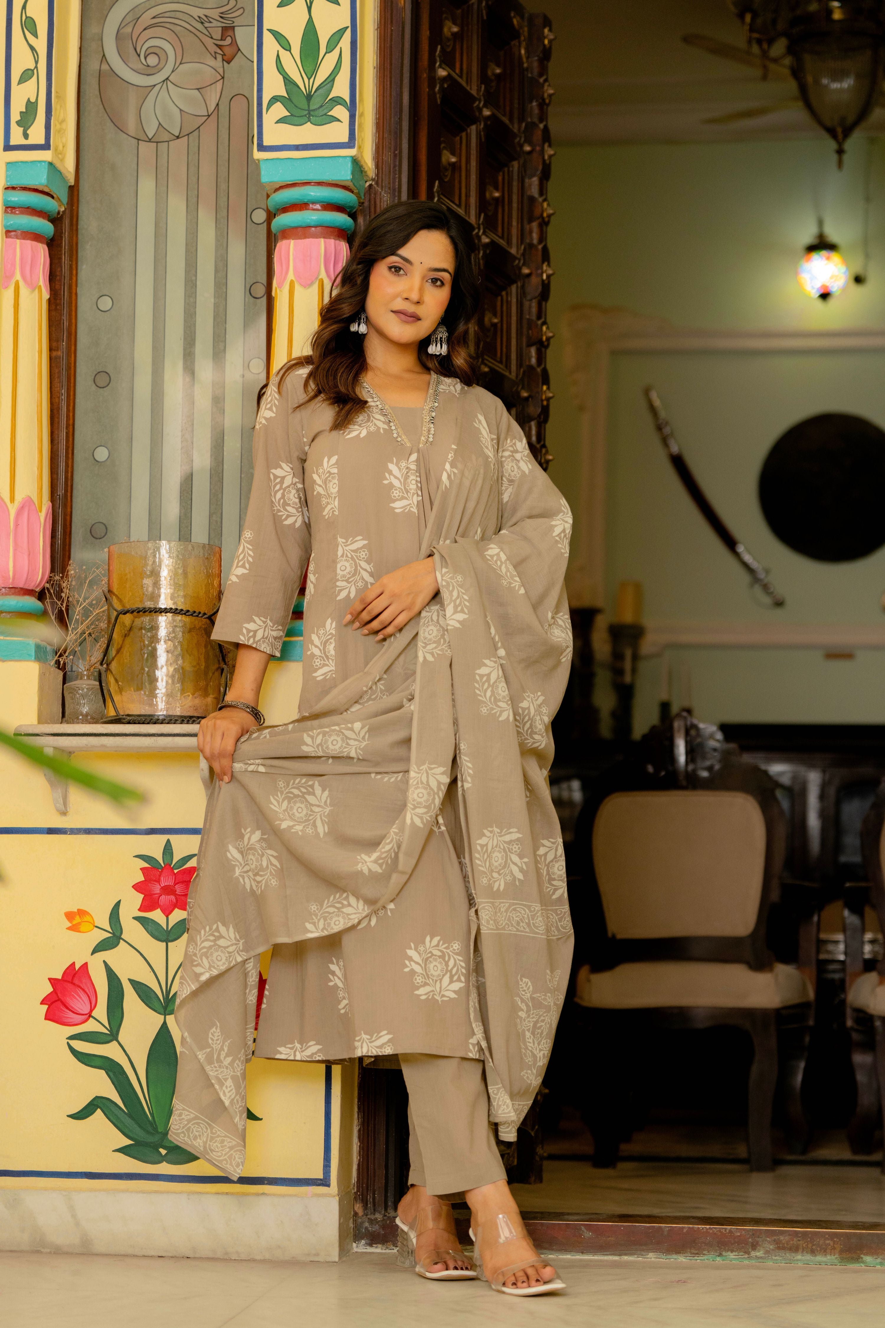 Rosette Dusty Beige Anarkali Suit Set