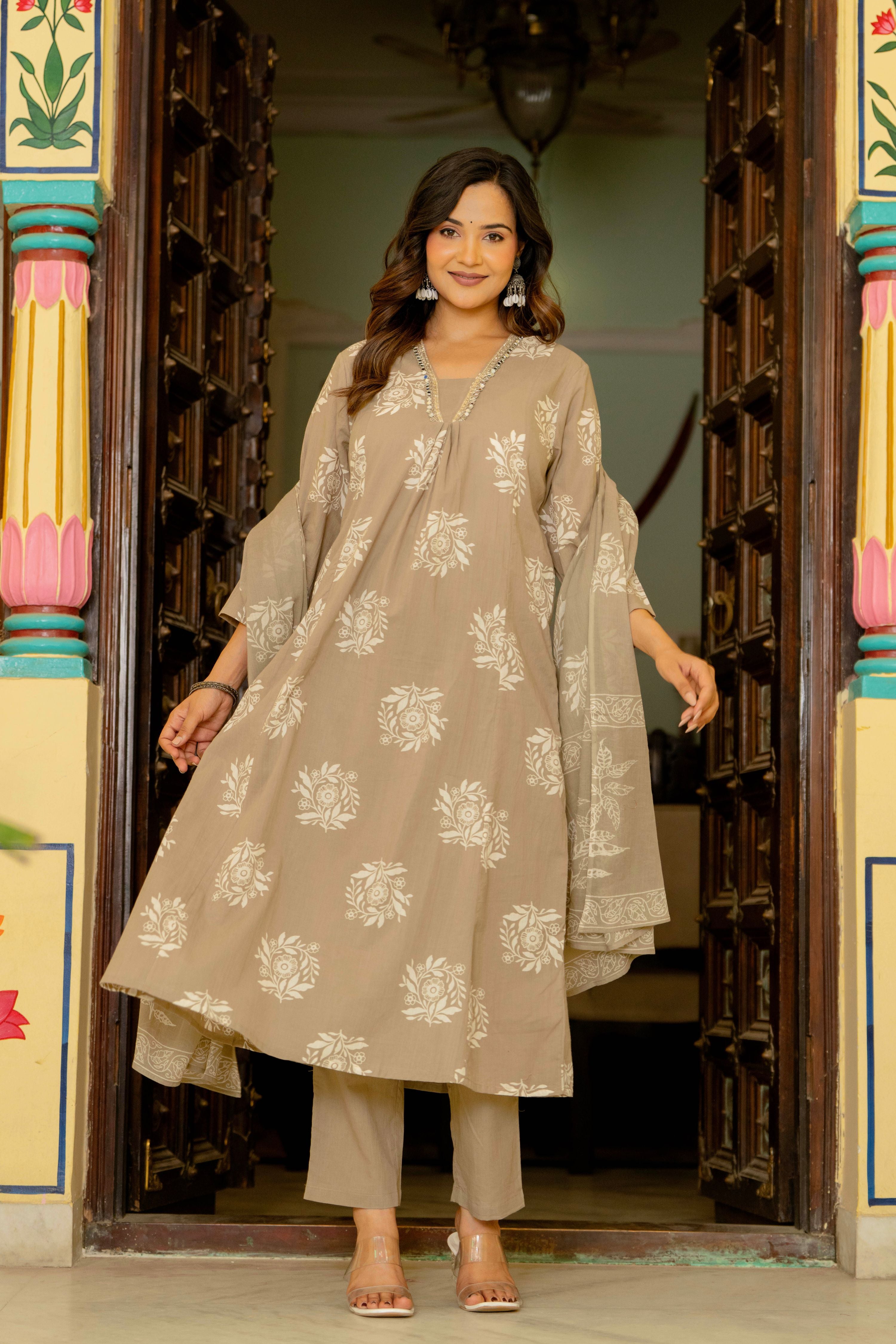 Rosette Dusty Beige Anarkali Suit Set