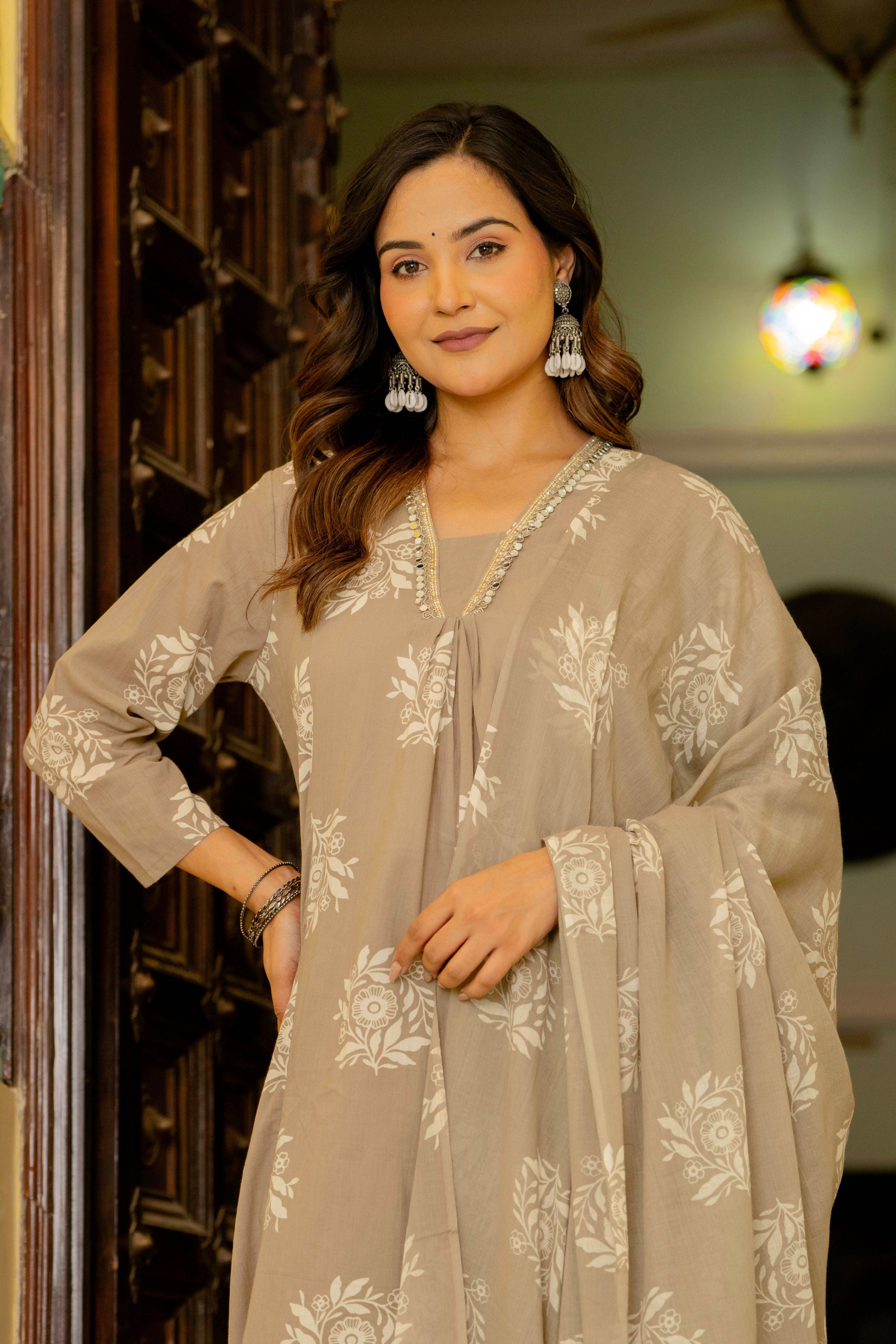 Rosette Dusty Beige Anarkali Suit Set