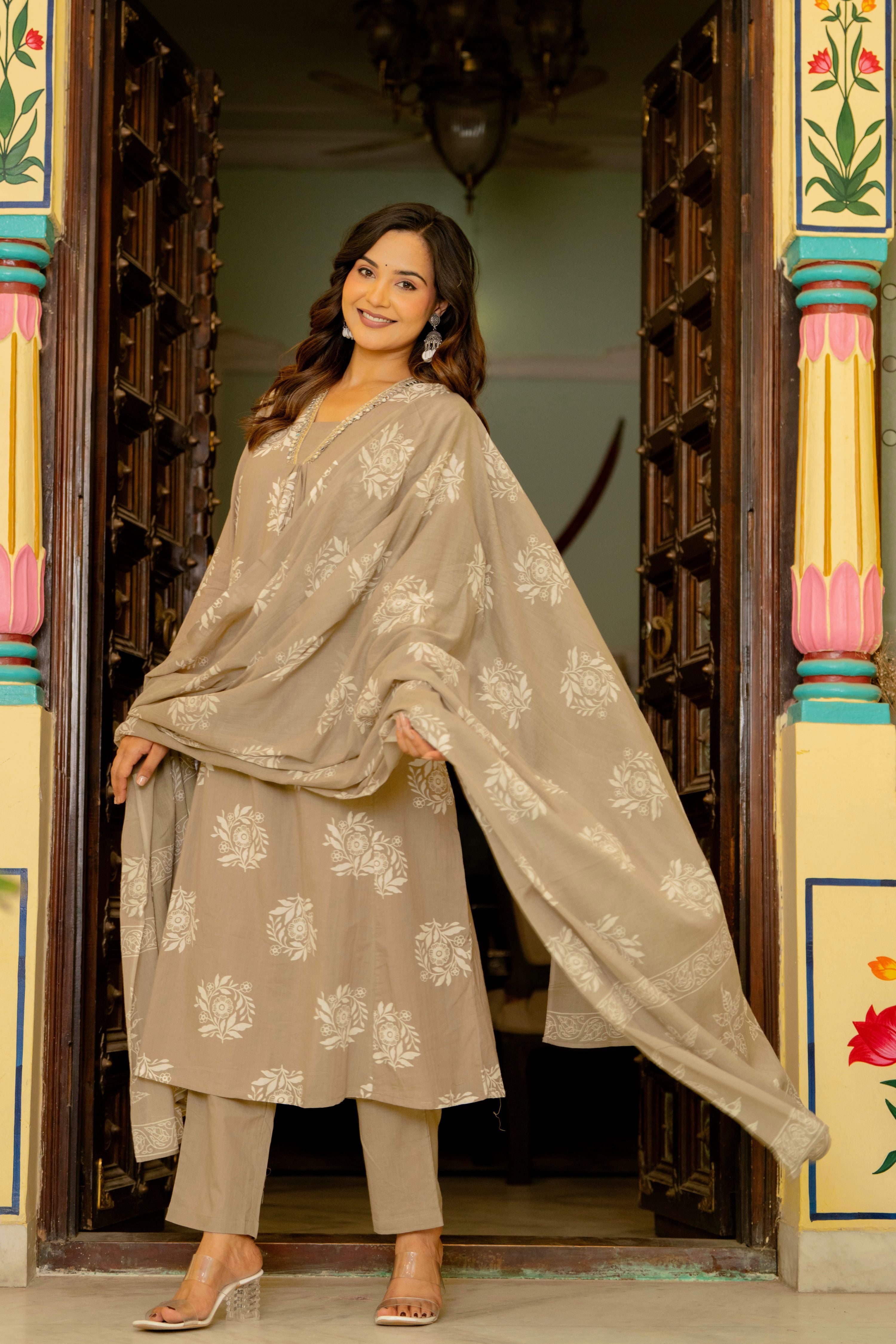 Rosette Dusty Beige Anarkali Suit Set