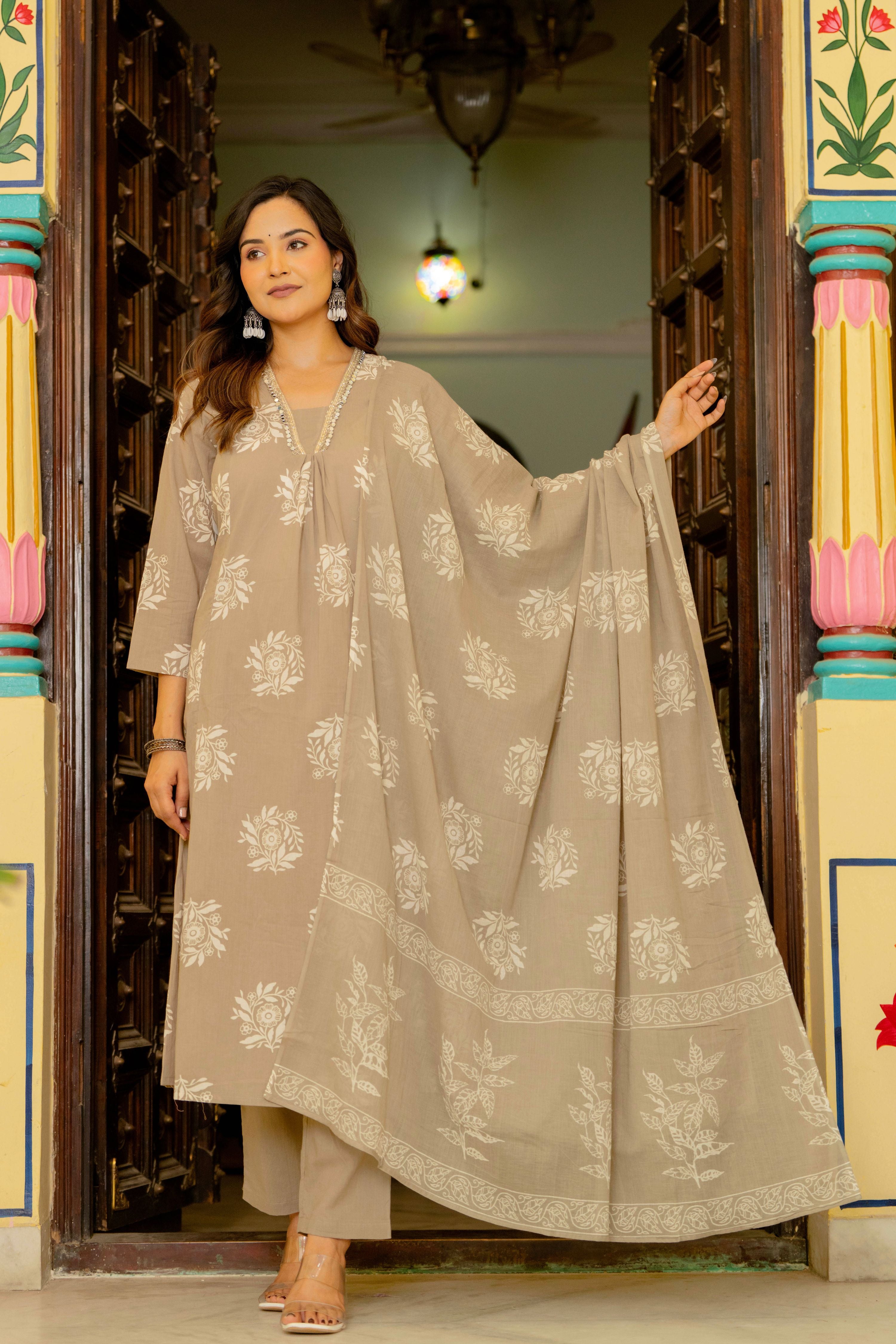 Rosette Dusty Beige Anarkali Suit Set