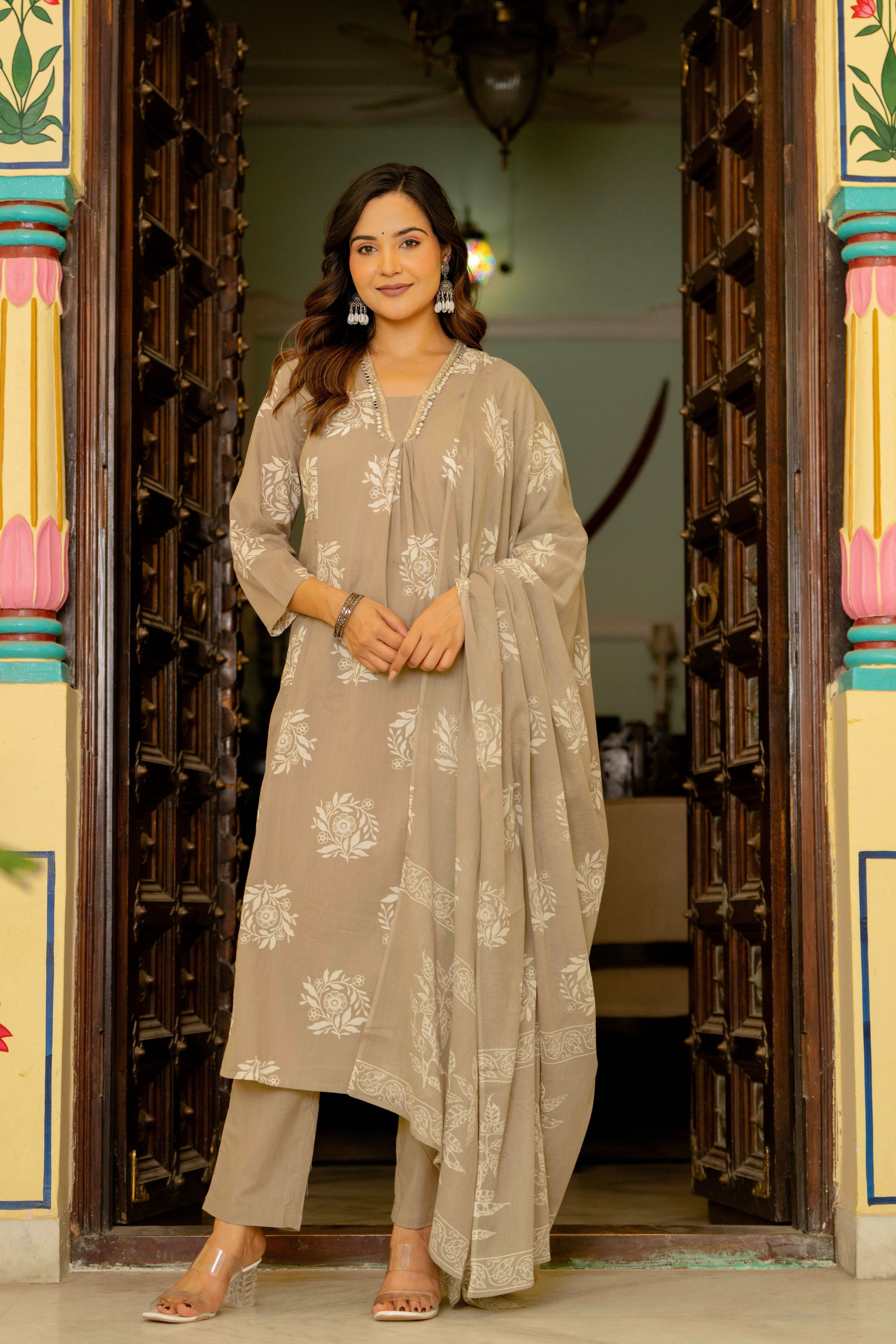 Rosette Dusty Beige Anarkali Suit Set