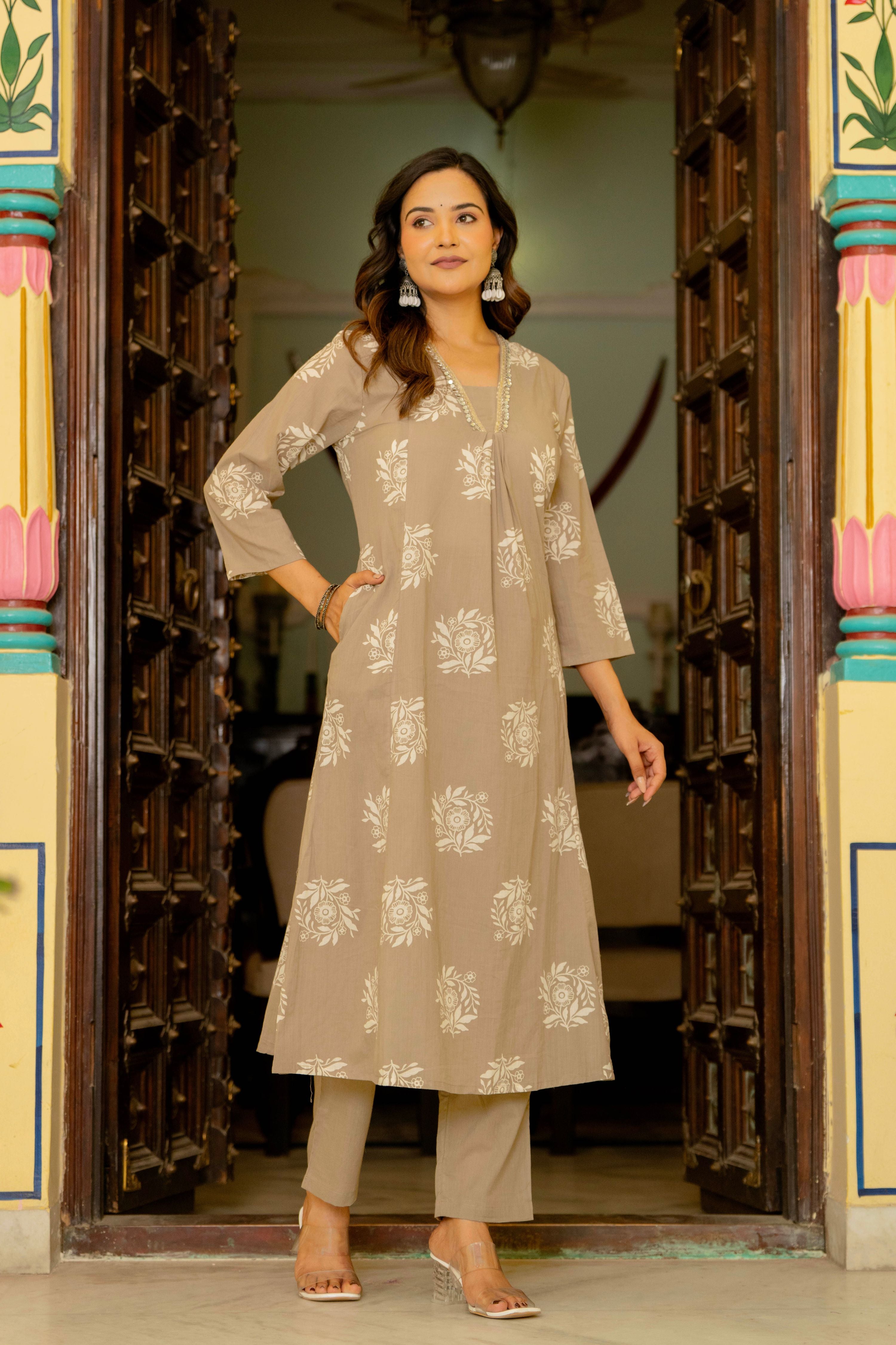 Rosette Dusty Beige Anarkali Suit Set