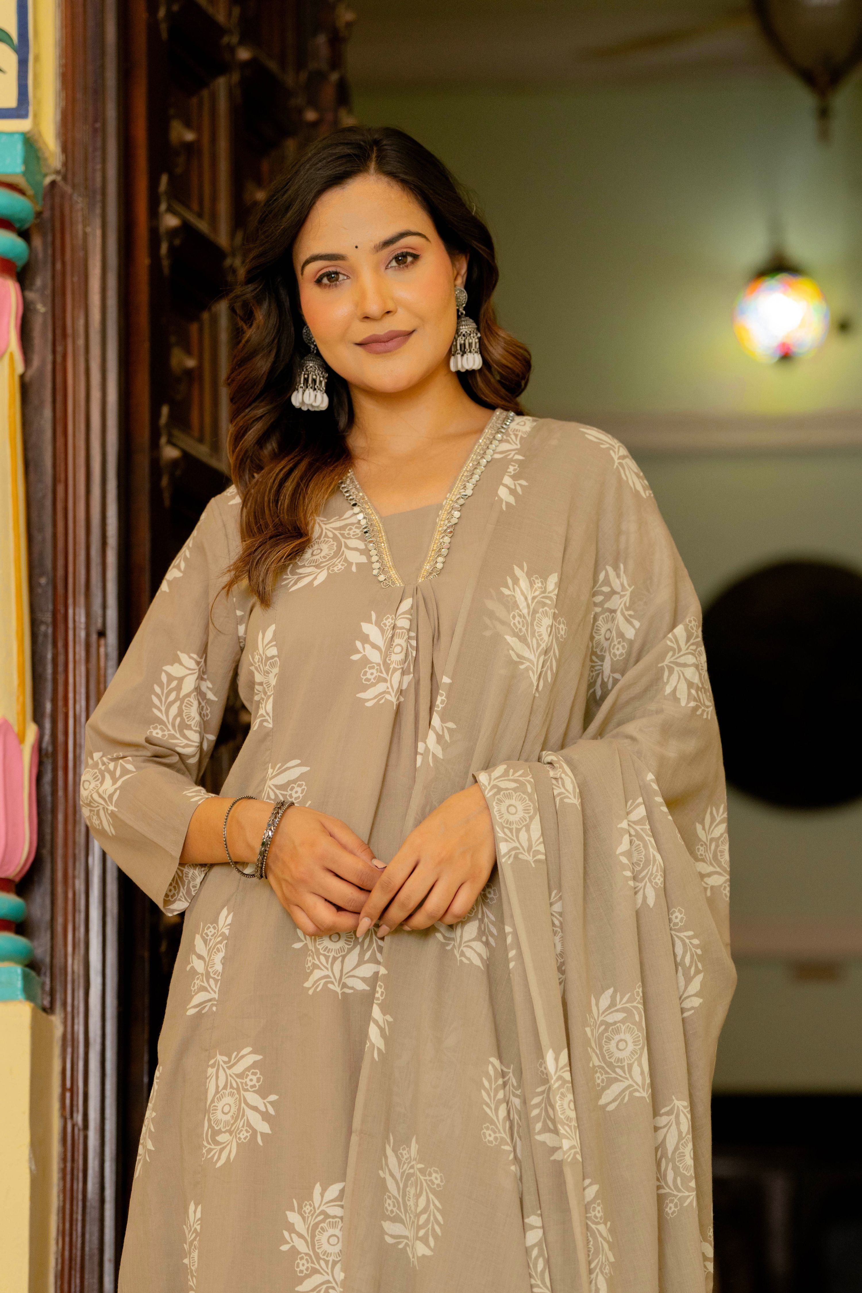 Rosette Dusty Beige Anarkali Suit Set